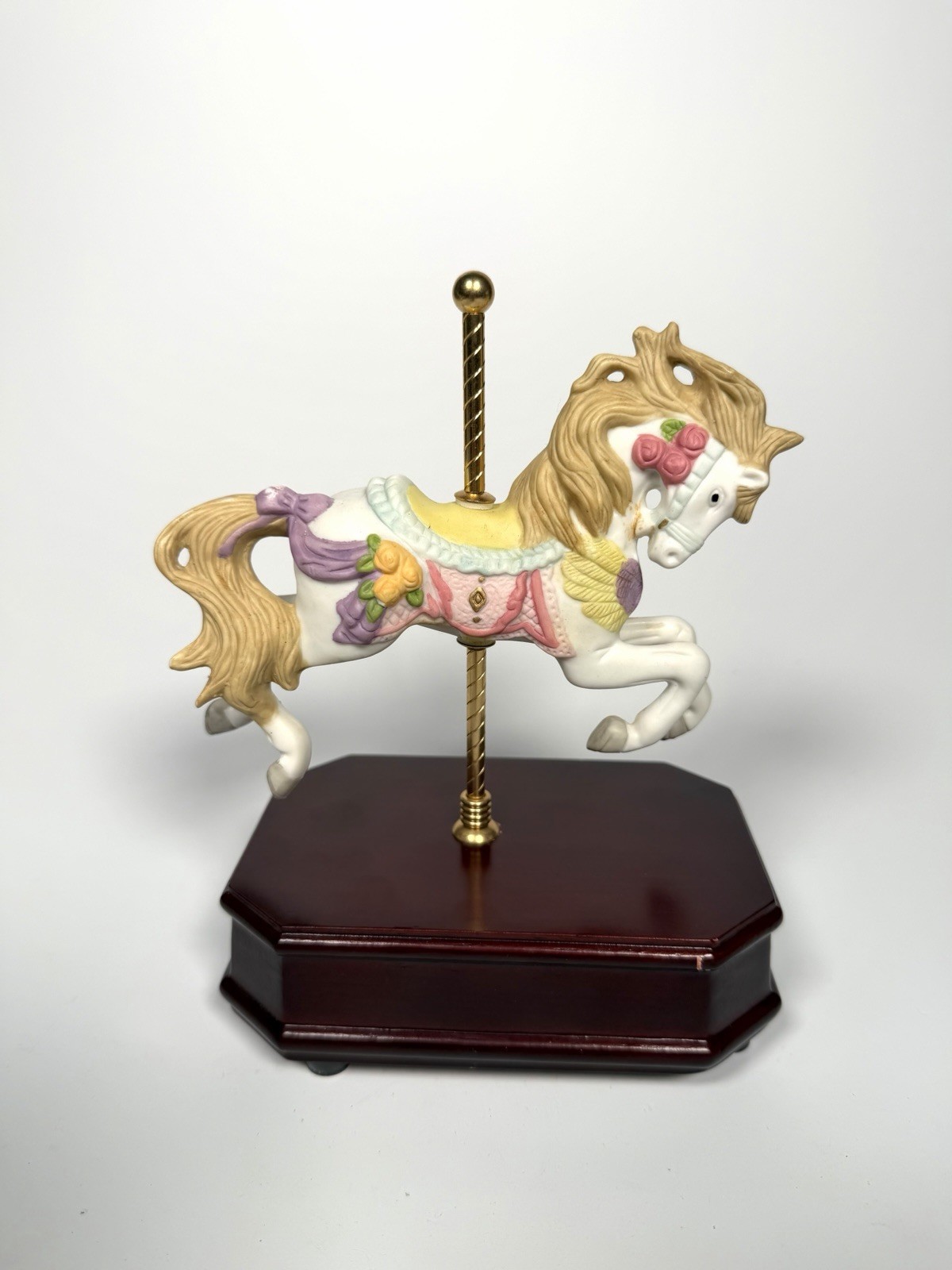 Vintage Ceramic Carousel Horse Rotating Musical Figurine Music Box