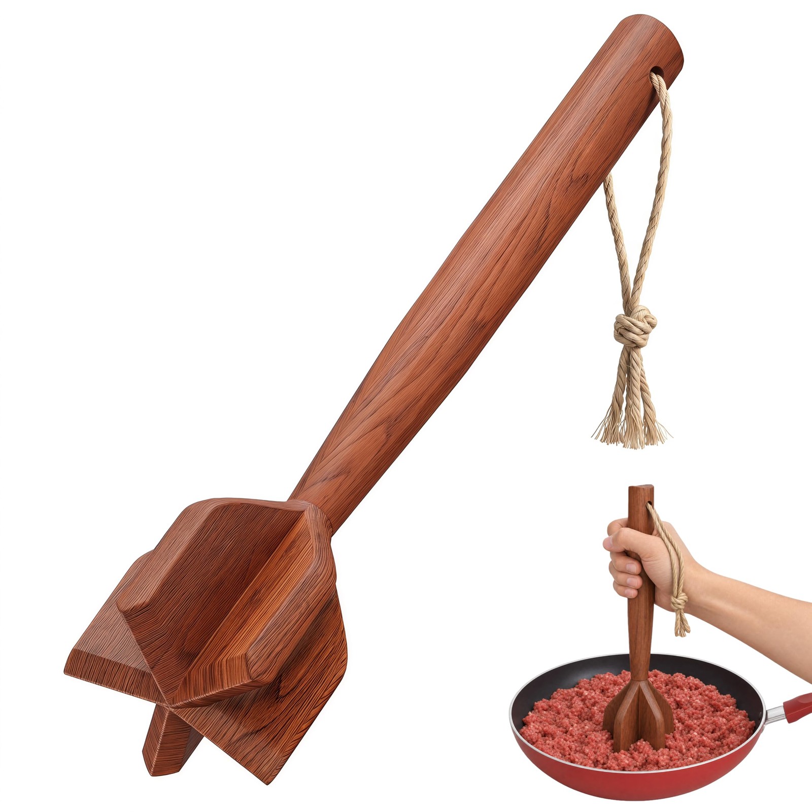 Shutufly 5 Blade Natural Wood Meat Masher, Meat Chopper for Ground Beef
