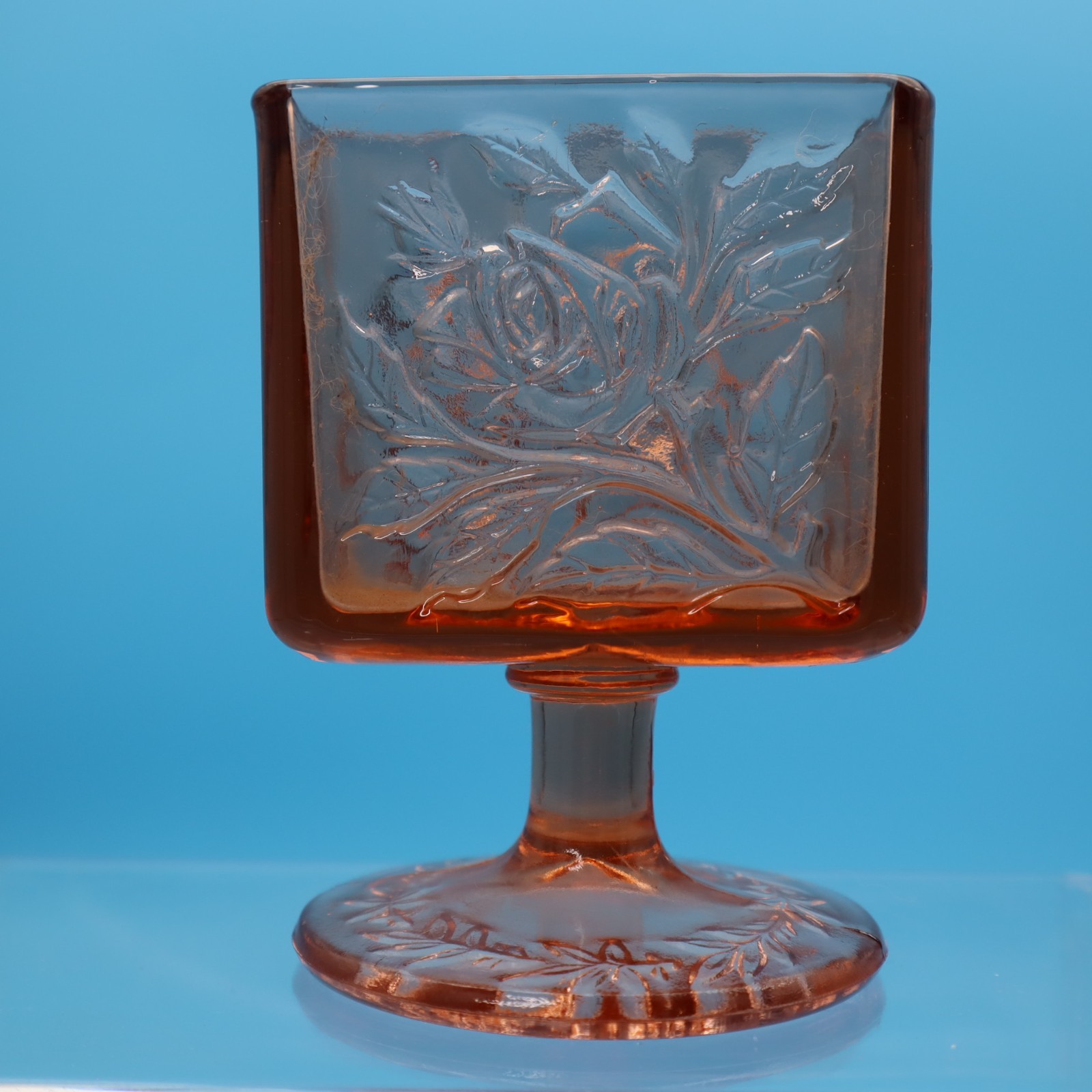 Vintage Tiara Glass 4” Pedestal Vase Card/ Holder Cabbage Rose pattern- Coral EX
