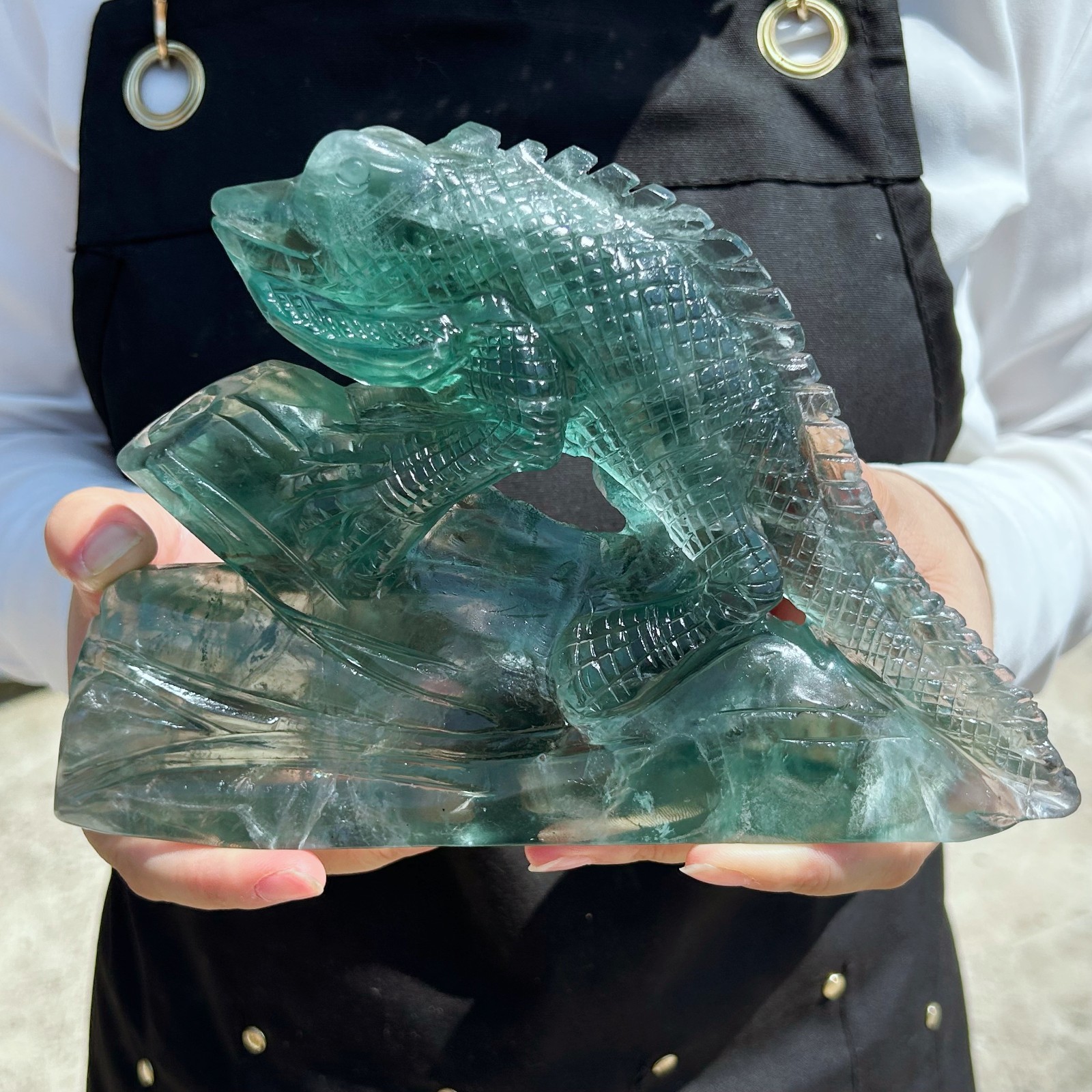 3.6LB Natural Green Fluorite Quartz Crystal Carved Chameleon Skull Healing G7778