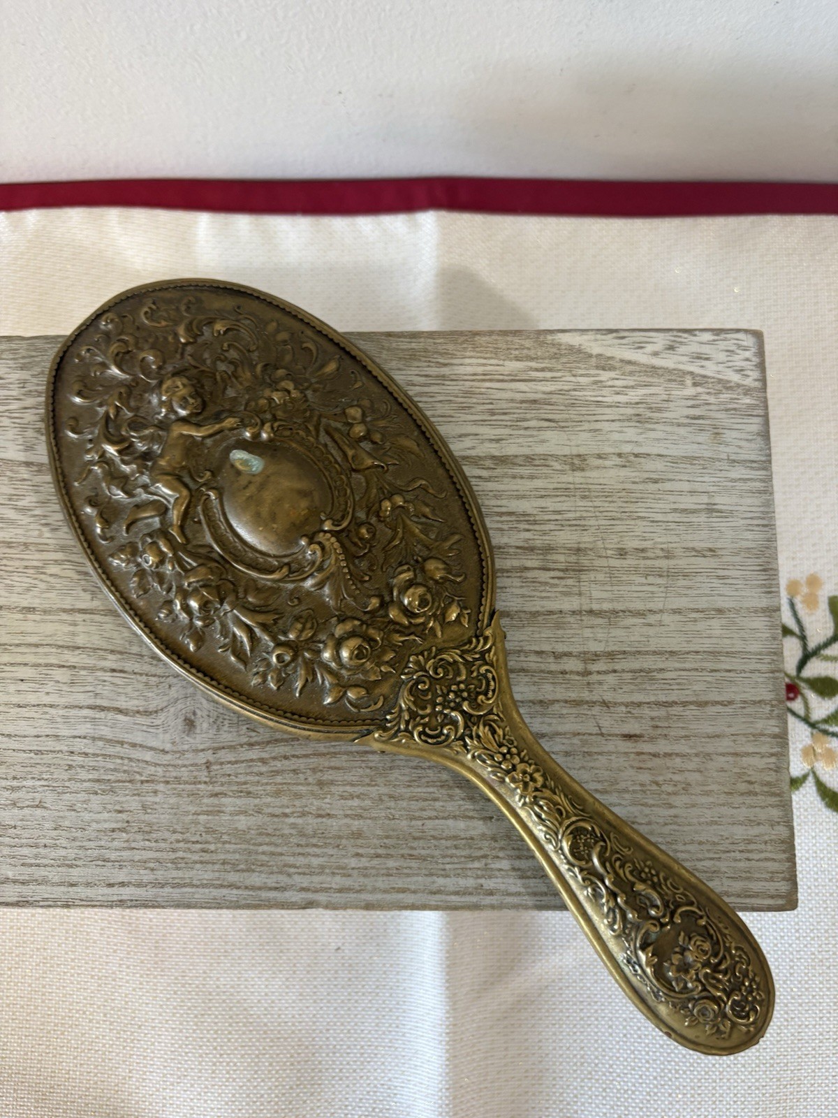 Antique Art Nouveau Hand Mirror Vanity Ornate Raised Cherub Angel Floral Glass Antique Art Nouveau Hand Mirror Vanity Ornate Raised Cherub Angel Floral Glass