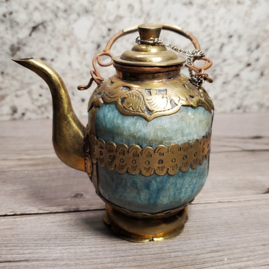 Vintage Tibetan Nepalese Mini Ritual Ewer Teapot Turquoise Brass Filigree