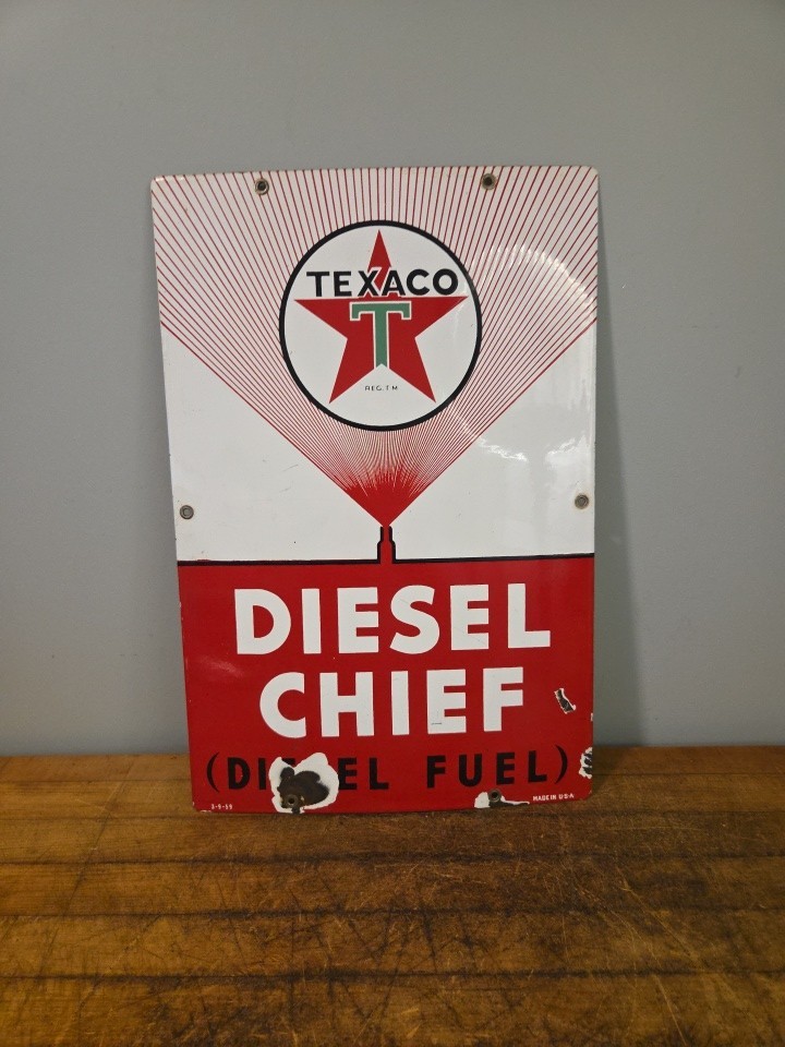 Texaco Diesel Chief Gas Station 18 x 12” Porcelain Pump Plate Sign Dated 3-9-59 Texaco Diesel Chief Gas Station 18 x 12” Porcelain Pump Plate Sign Dated 3-9-59