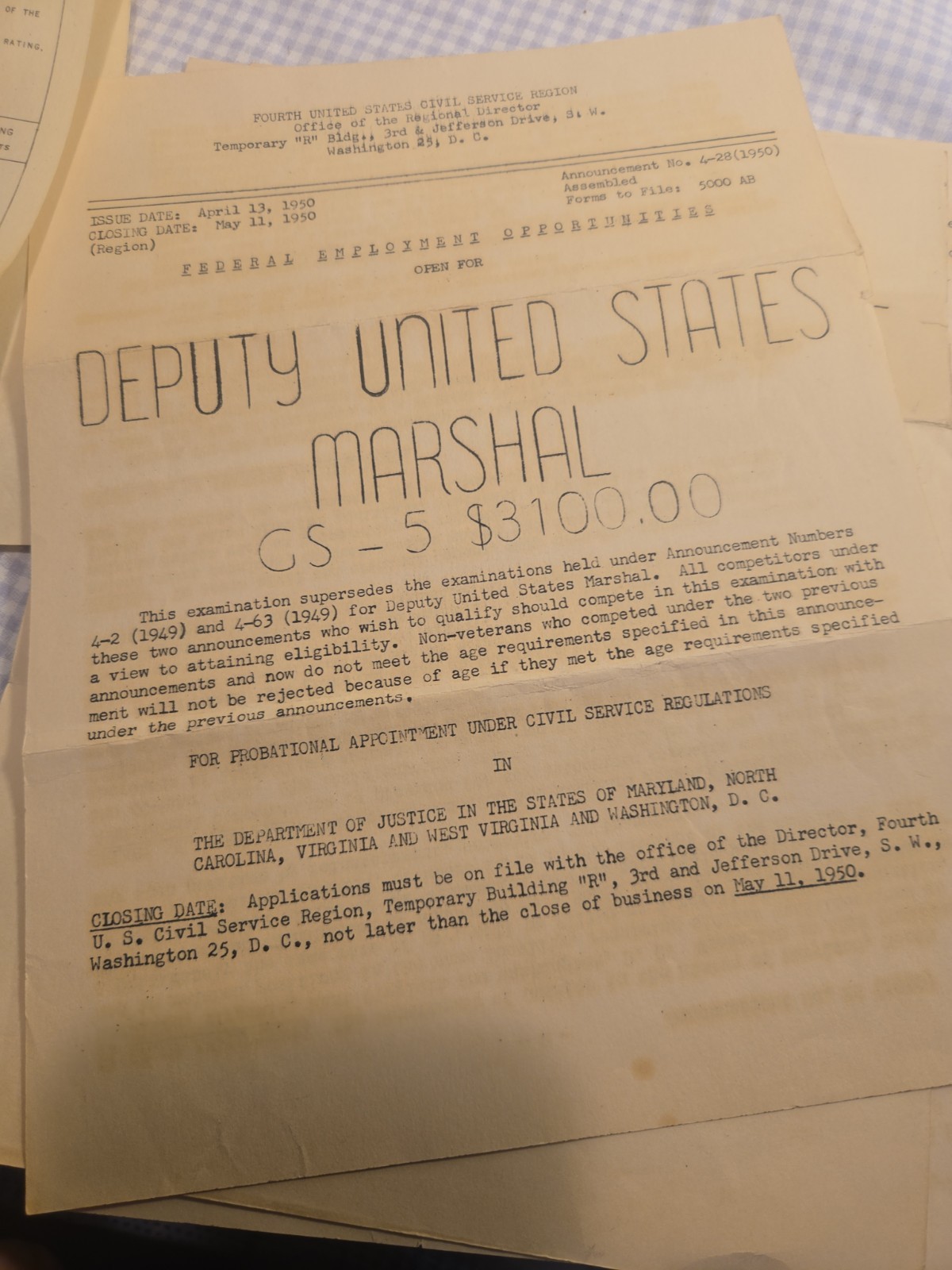 1949-50 Deputy U.S. Marshal Civil Service Exam Applicant Archive 8 Documents