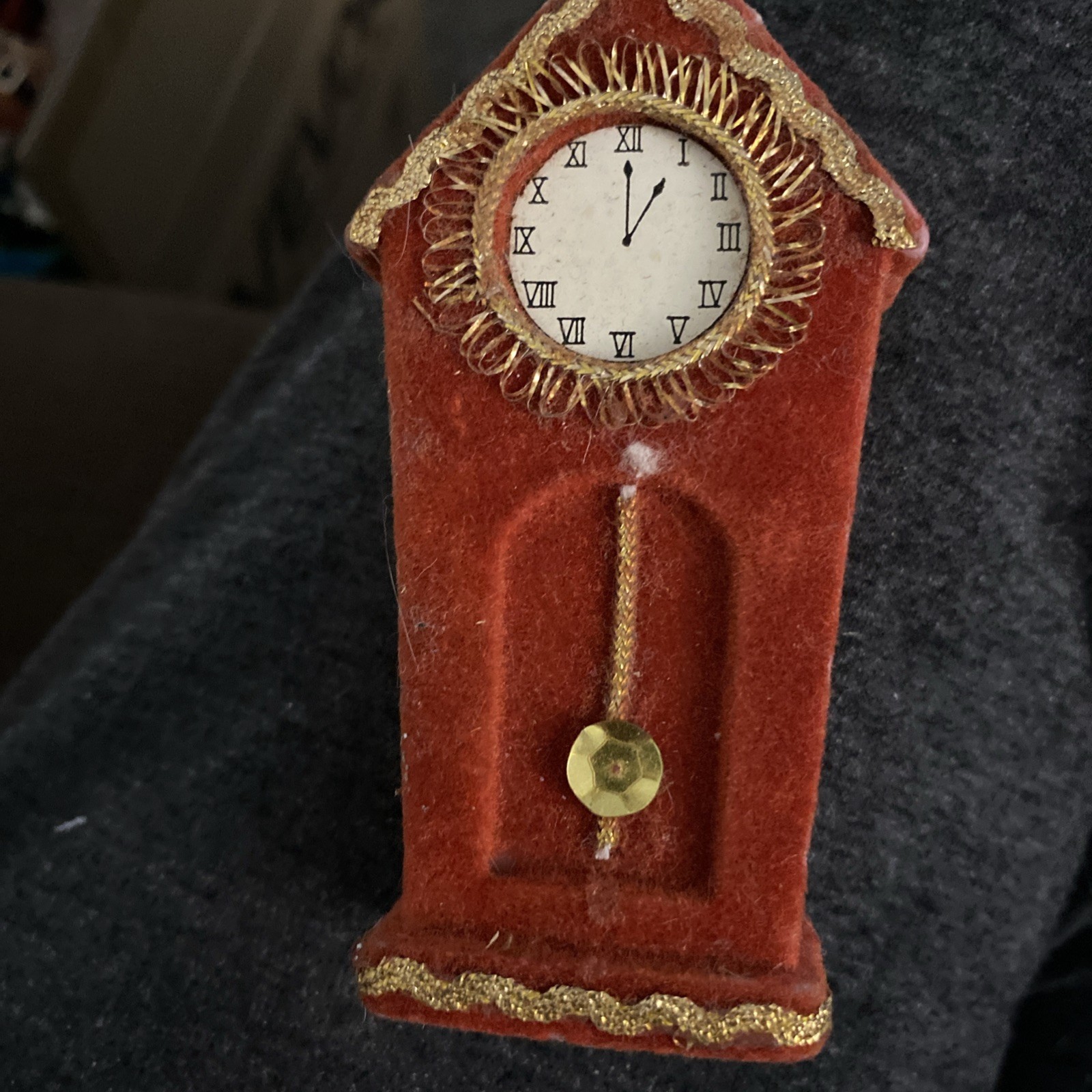 Vtg Red Gold Fabric Grandfather Clock Christmas Ornament Kitsch Holiday MCM Vtg Red Gold Fabric Grandfather Clock Christmas Ornament Kitsch Holiday MCM