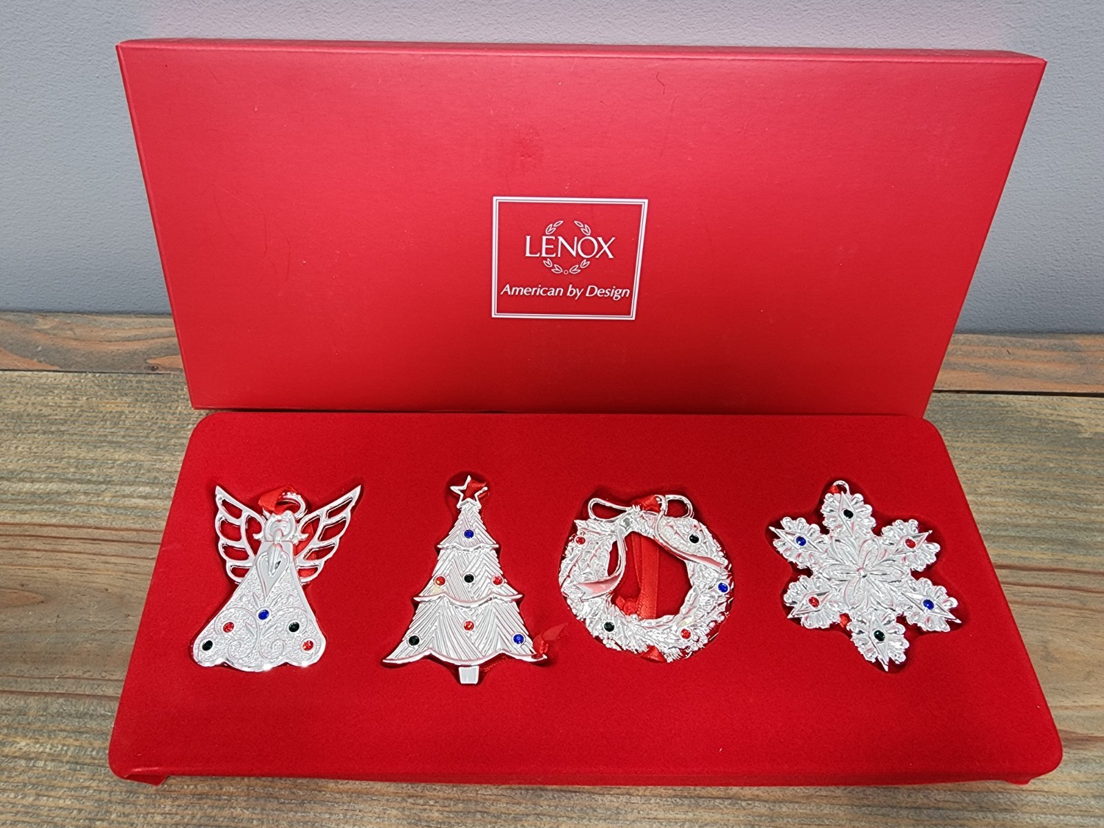Set 4 Lenox Silver-Plated Seasonal Gems Bejeweled Christmas Ornaments NIB Luxury