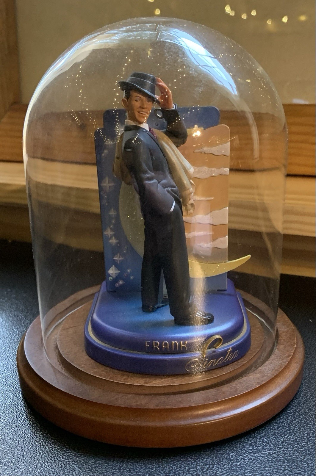 Vintage Bard’s Glass Dome & Wood Base with Frank Sinatra Carlton Cards Ornament