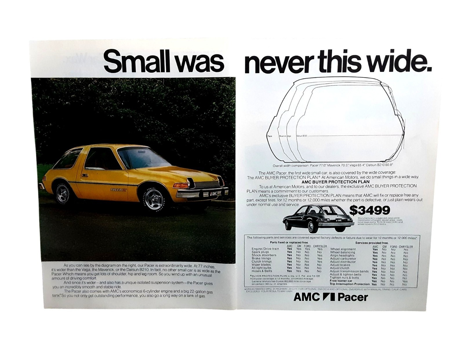 1976 AMC Pacer Ad Small Was Never This Wide 2 Page Spread 1976 AMC Pacer Ad Small Was Never This Wide 2 Page Spread