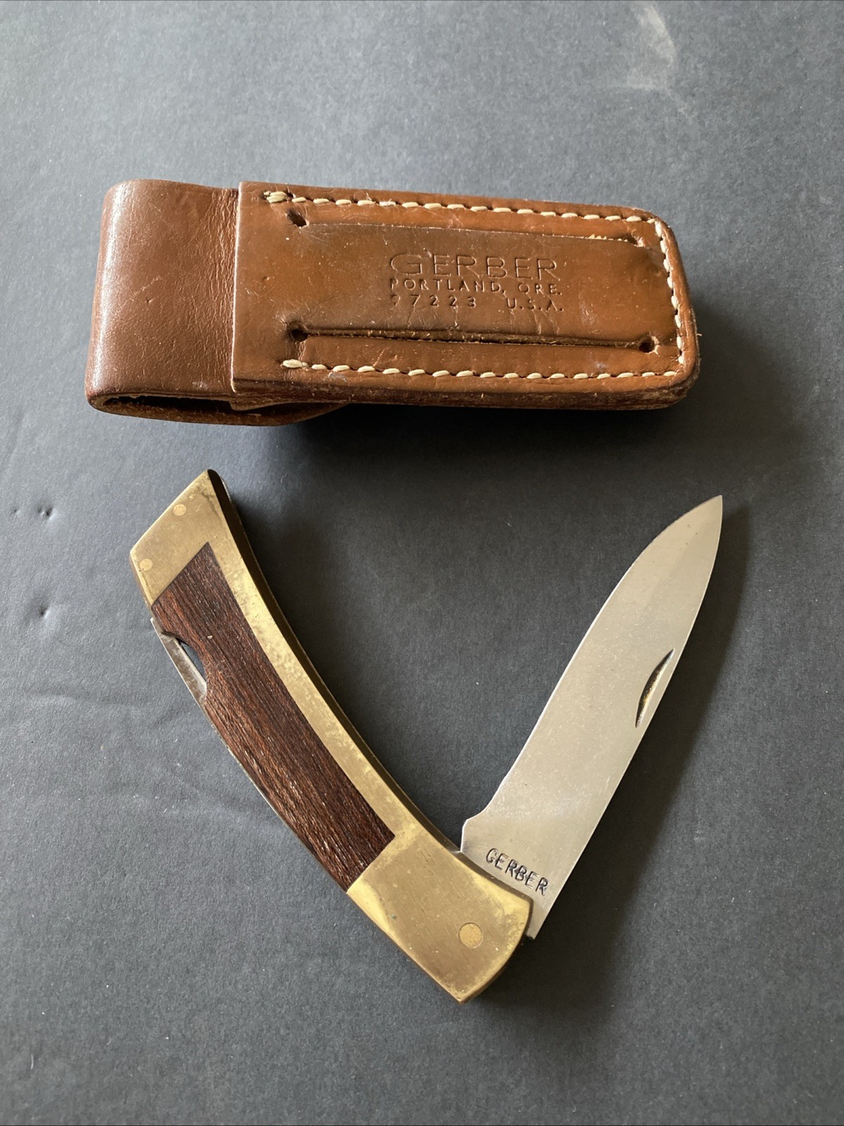 Vintage Gerber Folding Sportsman II Lockback Knife Brass & Wood Leather Case