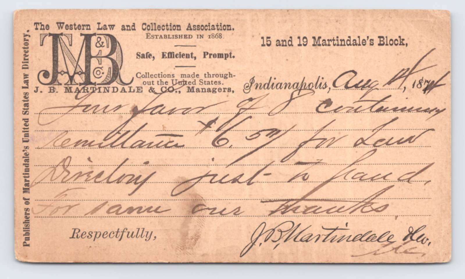 1874 J. B. Martindale & Co. Law Directory Trade Postal Card Indianapolis IN 1874 J. B. Martindale & Co. Law Directory Trade Postal Card Indianapolis IN