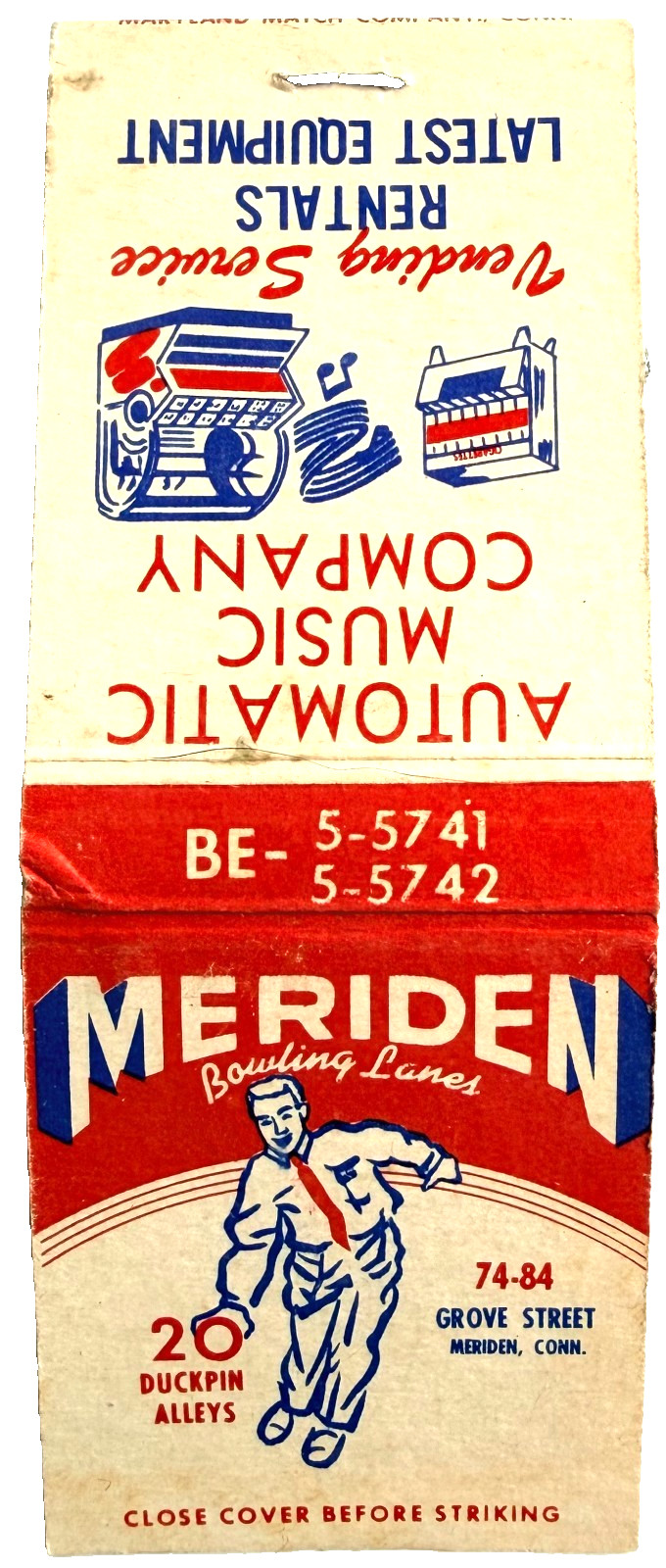 1950s Meriden Bowling Lanes Matchbook Connecticut Vintage Automatic Music Co