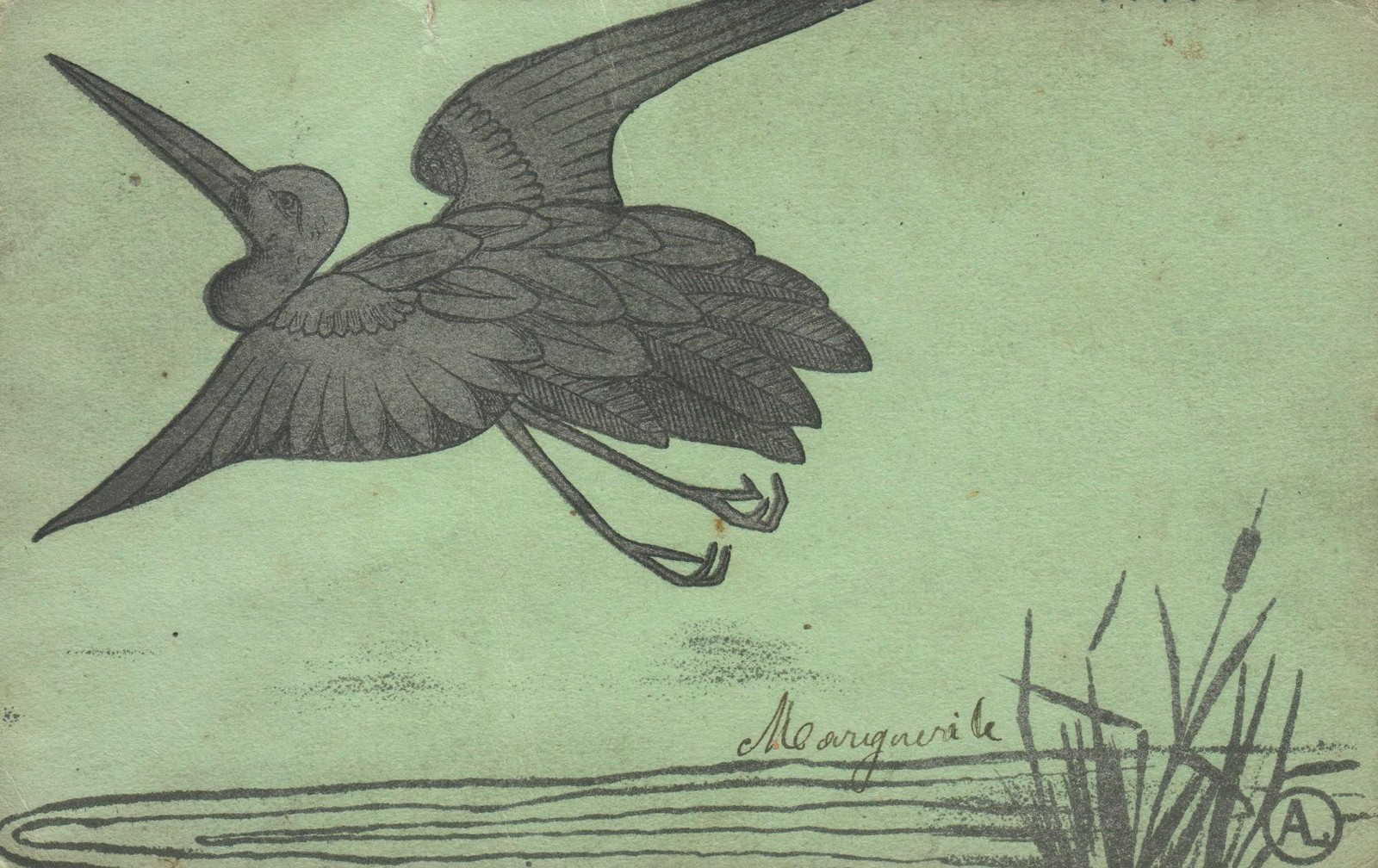Antique Art Nouveau Postcard Flying Silver Stork Ink Drawing Signed Marguerite Antique Art Nouveau Postcard Flying Silver Stork Ink Drawing Signed Marguerite