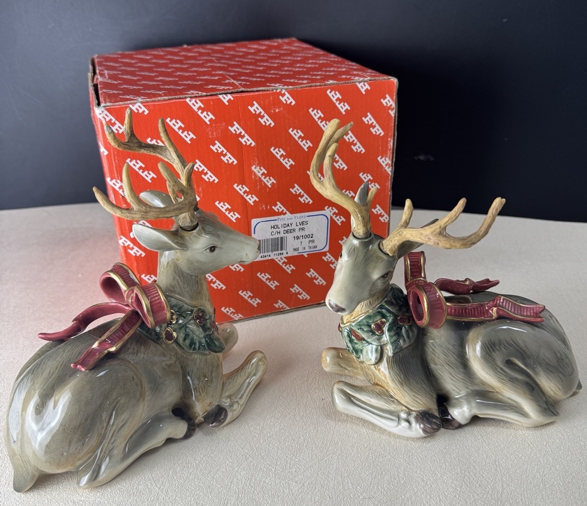 Vintage Fitz and Floyd Holiday Leaves Reindeer Candle Holders in Original Box