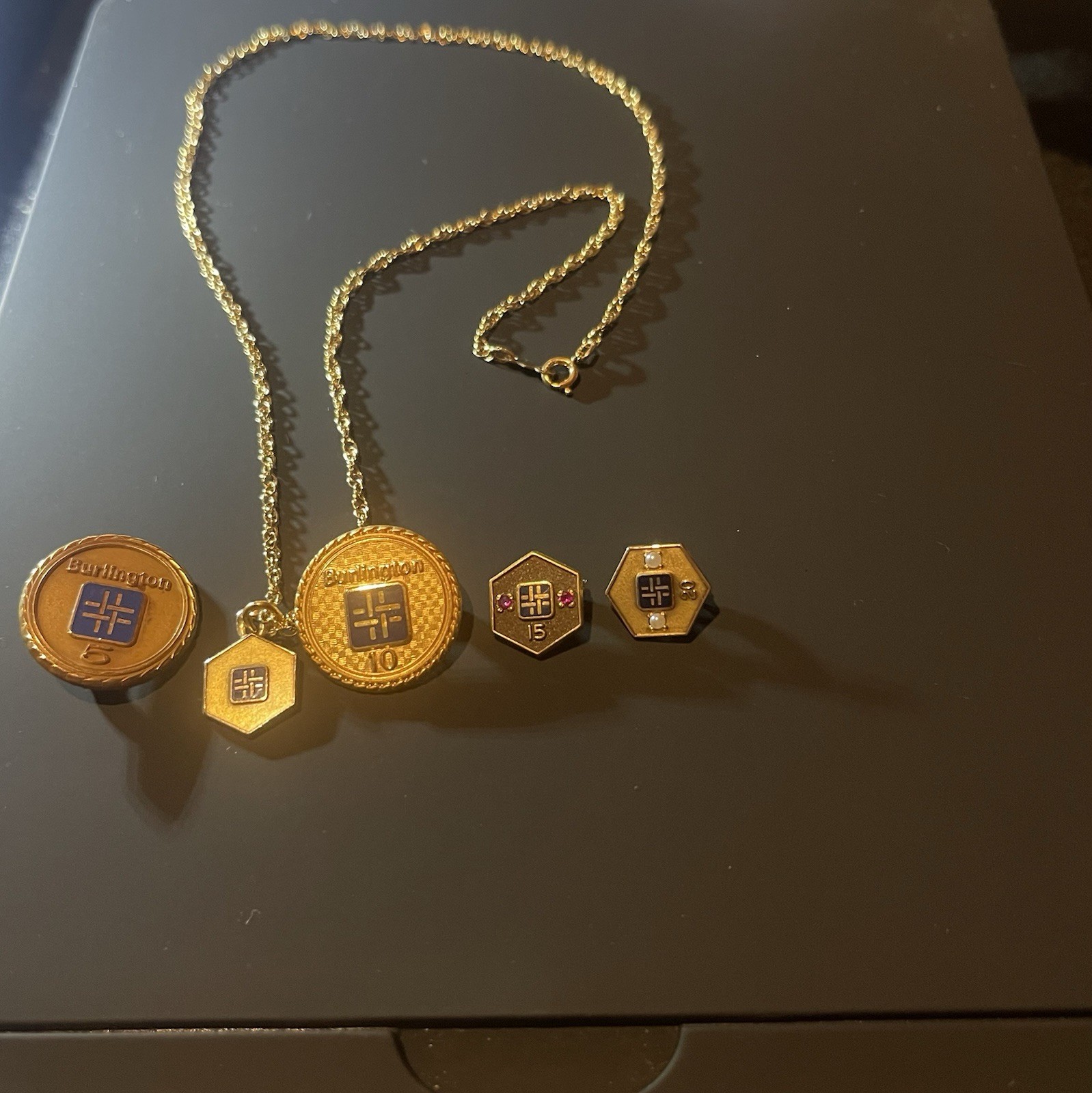 Vintage Burlington Industries Service Award Necklace and Charms GF Vintage Burlington Industries Service Award Necklace and Charms GF