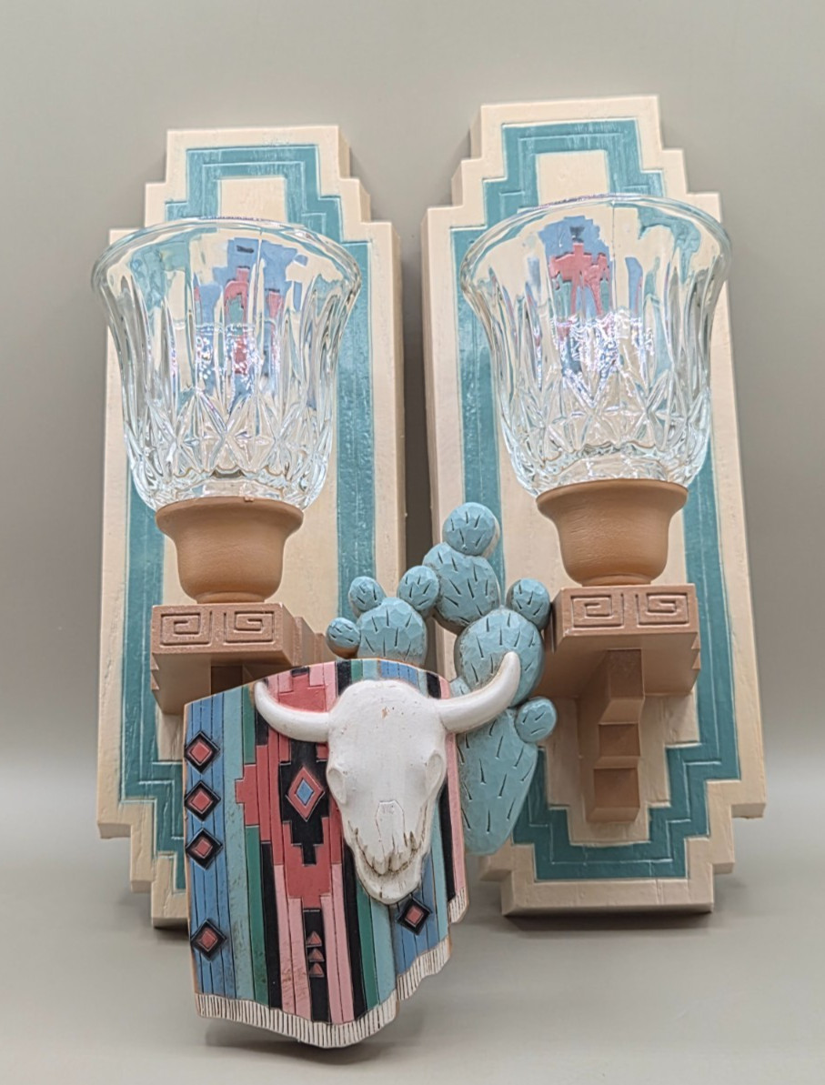 Vtg 1995 Homco Burwood Southwestern Wall Sconces & Steer Skull Plaque 3344 3325 Vtg 1995 Homco Burwood Southwestern Wall Sconces & Steer Skull Plaque 3344 3325