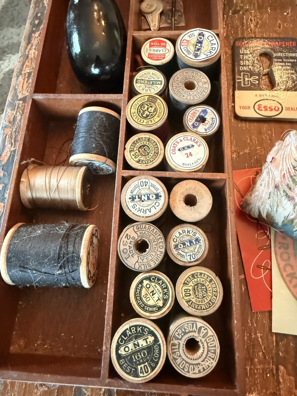 Large Vintage Sewing Notions Lot Wood Spools Buttons Needles Darning Advertising