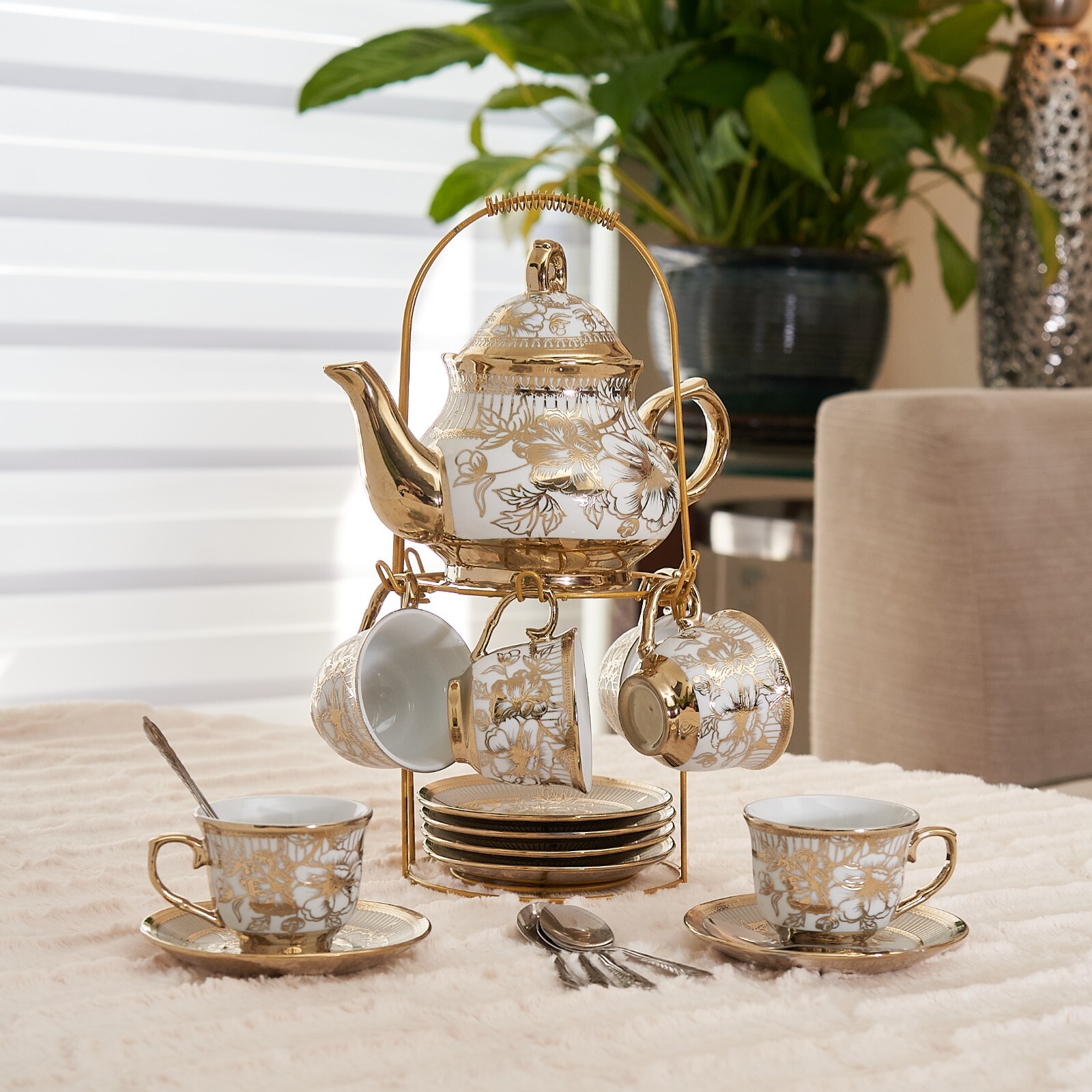 20pc Tea Set. Tea Pot 6 Cups + Saucers &Rack Coffee Cup Set Gold Color 3 oz Cups 20pc Tea Set. Tea Pot 6 Cups + Saucers &Rack Coffee Cup Set Gold Color 3 oz Cups