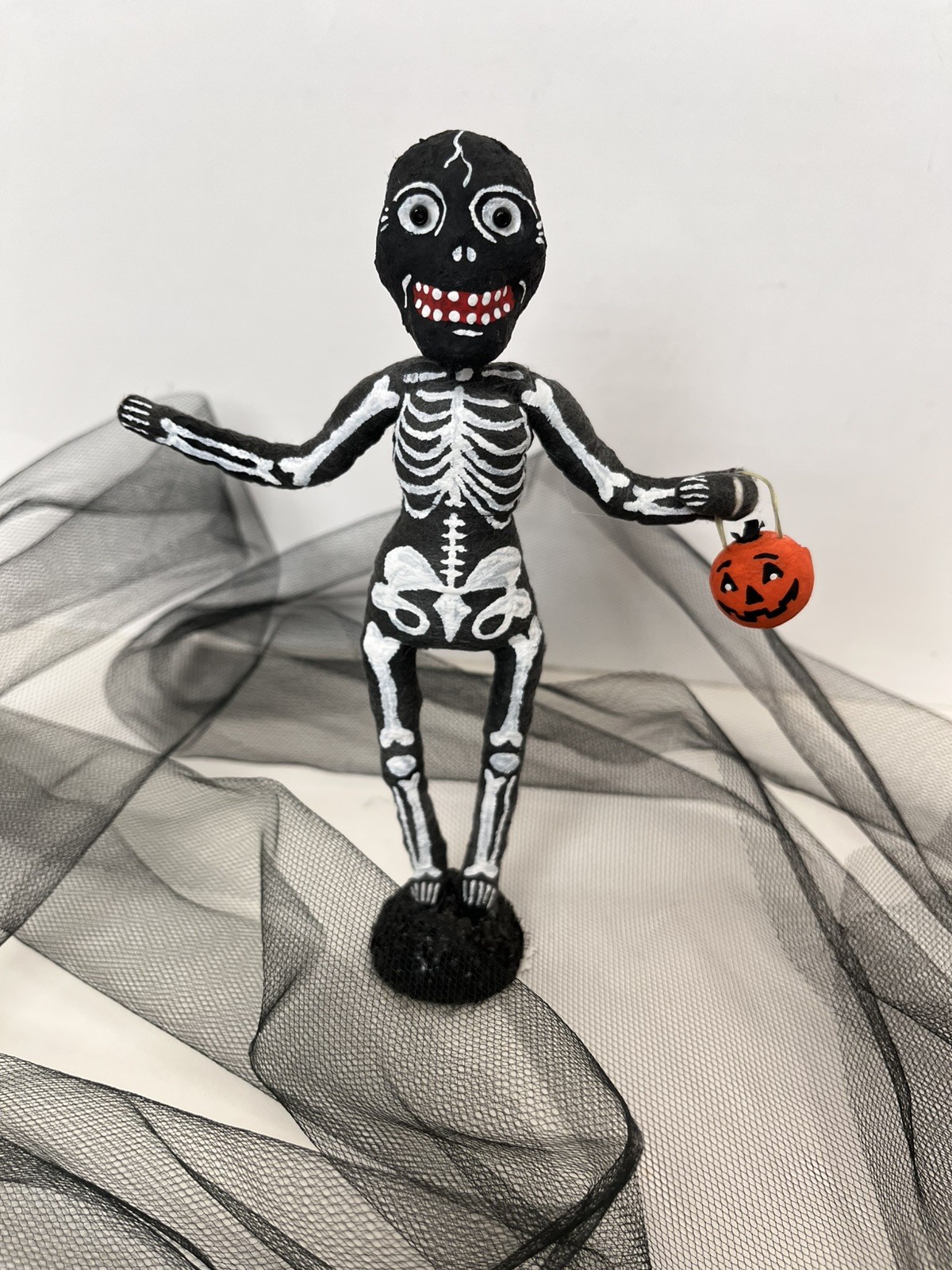 Vintage by Crystal Halloween Hand Sculpted Spun Cotton Skeleton Figure 