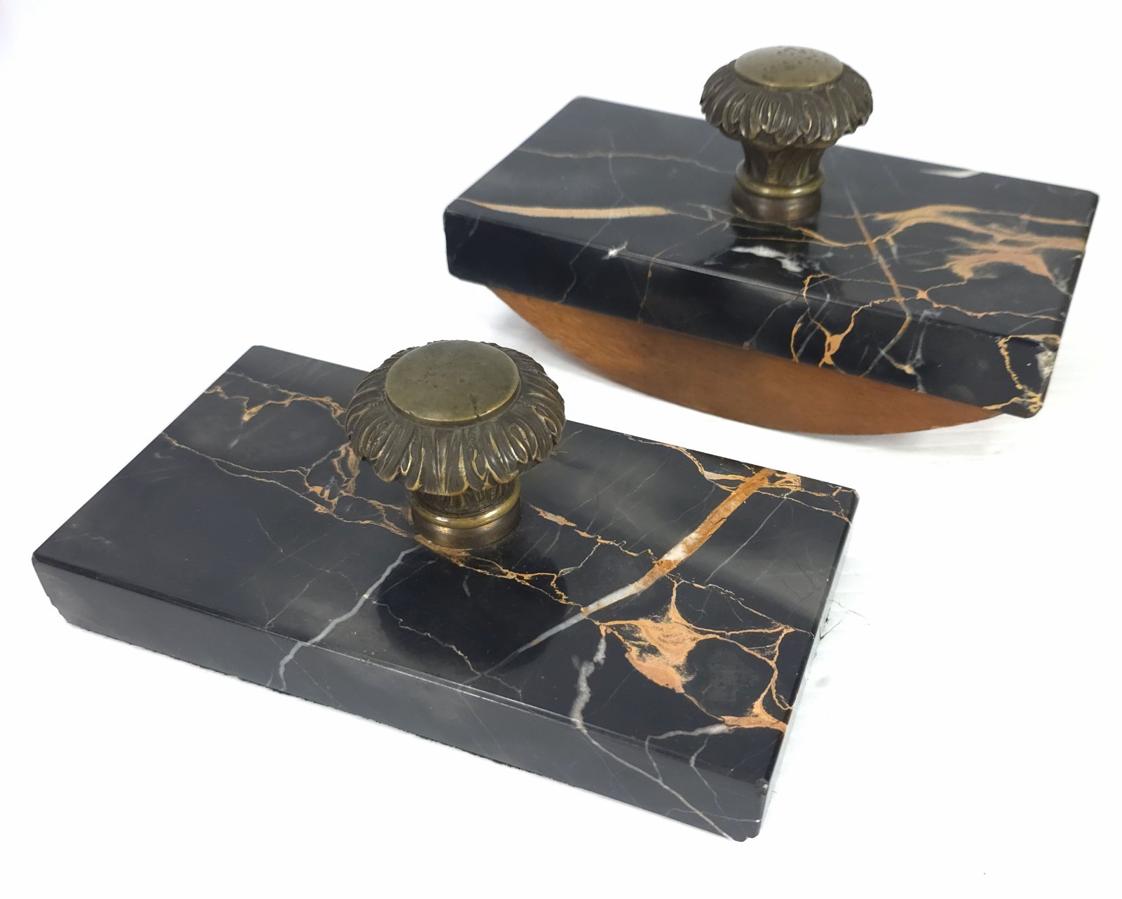 Antique Bronze and Nero Portoro Marble Desk Set Rocker Blotter & Paperweight