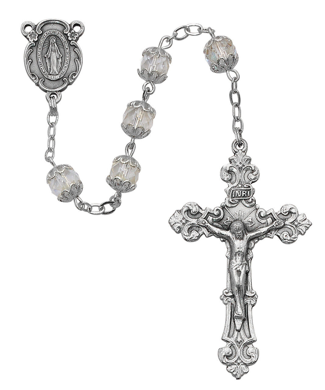 Crystal Aurora Borealis Capped Bead Rosary Silver OX Center And Crucifix 7mm