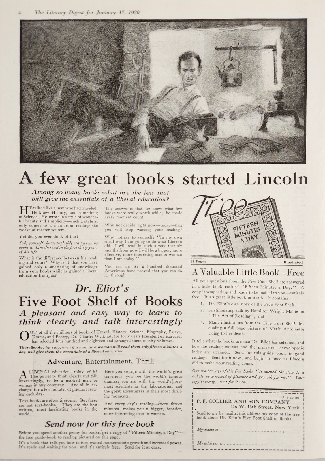1920 Print Ad Abraham Lincoln Reading by The Fire Collier & Son Co. New York,NY