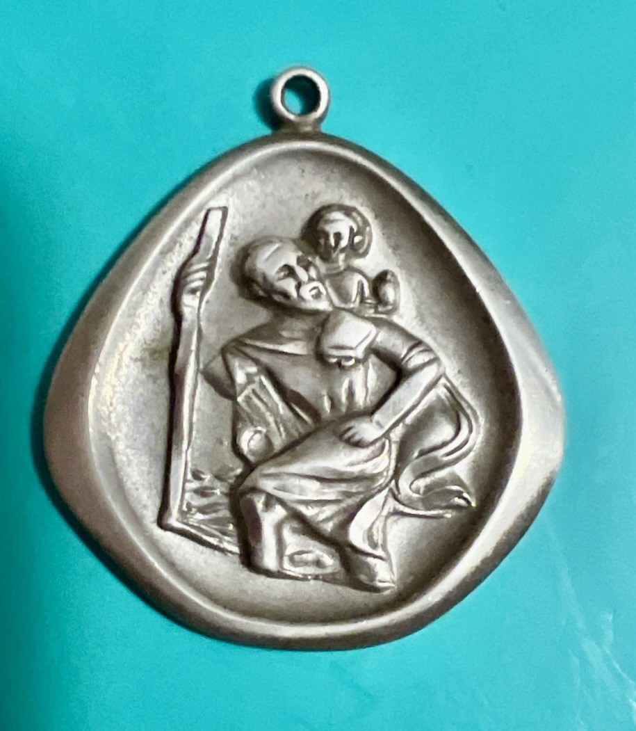 Vintage THEDA Sterling Silver St Christopher Medal Pendant Protect Us Catholic