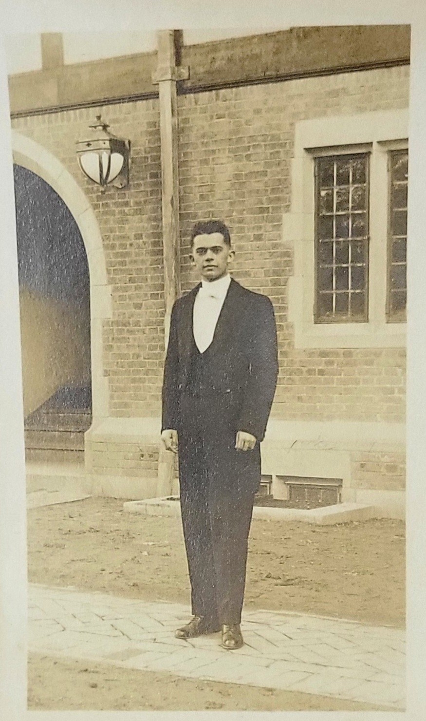 Antique 1920s Photo Young Man Formal Tuxedo Suit Collegiate Brick Building RPPC