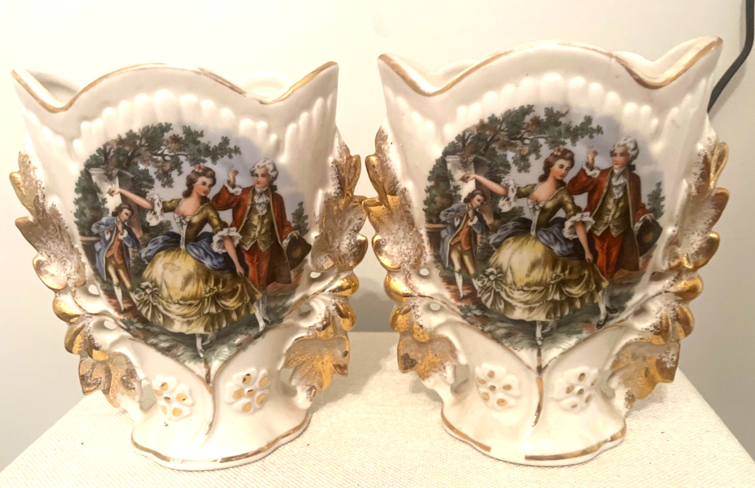 Vintage English Ceramic White Vases with Gold trim, English man and woman Vintage English Ceramic White Vases with Gold trim, English man and woman