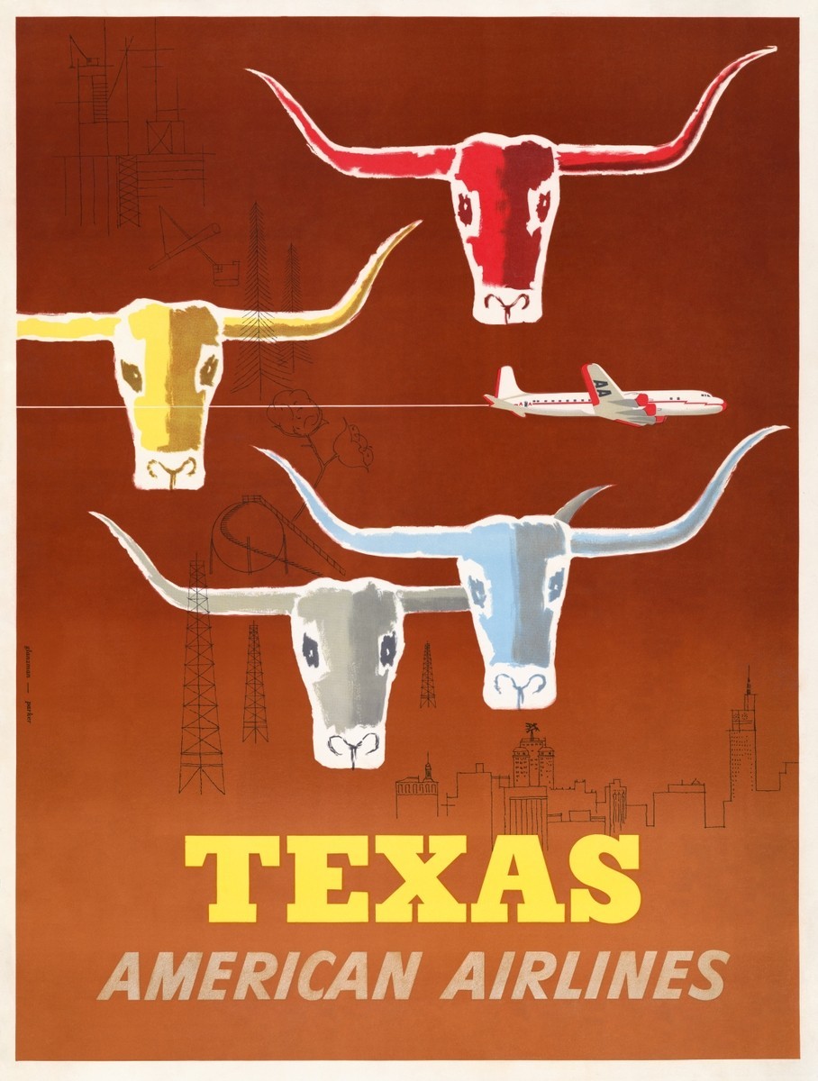 Vintage Aviation Texas American Airlines Travel Advertisement Poster Vintage Aviation Texas American Airlines Travel Advertisement Poster