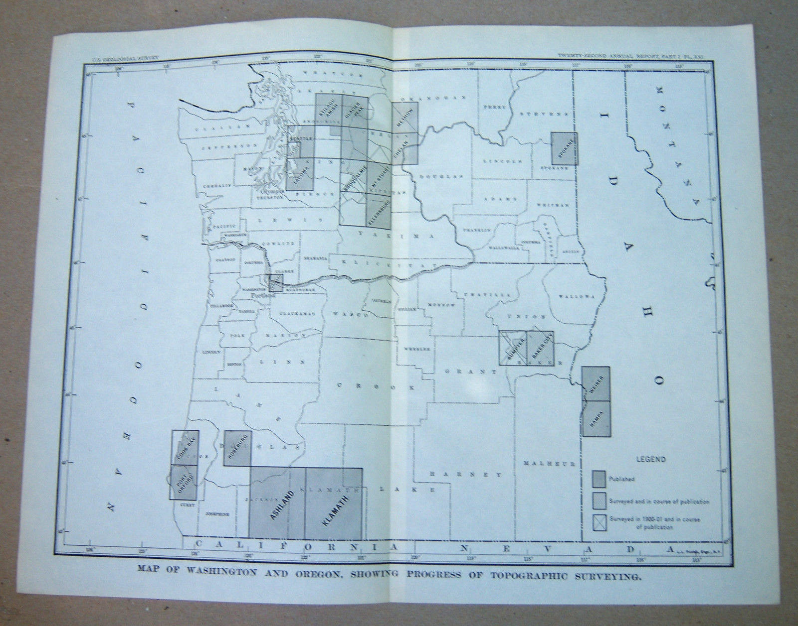 Original 1900-1901 Washington Oregon Progress of Topographical Survey Map