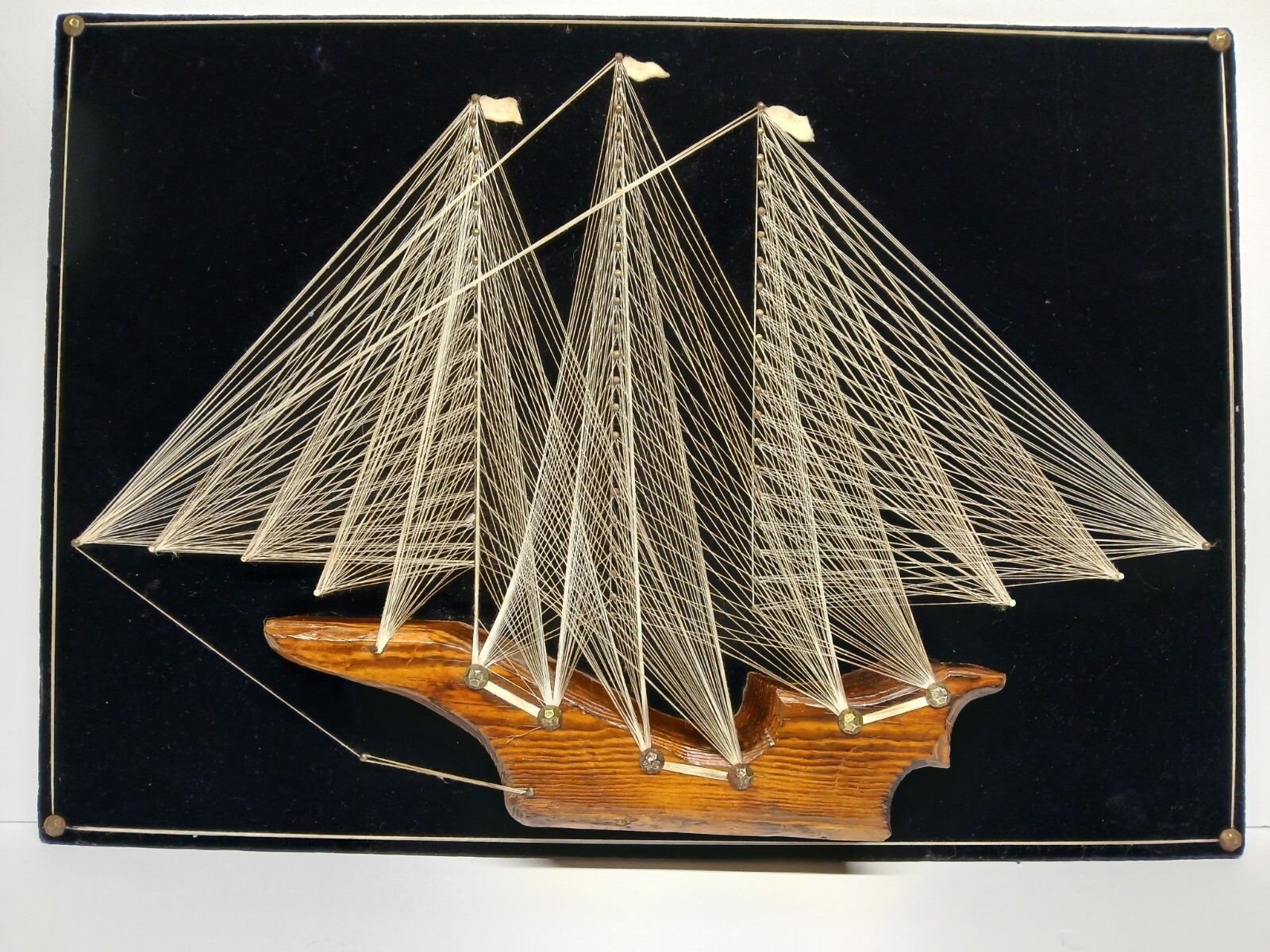 VINTAGE MCM STRING ART WOODEN SAIL BOAT SHIP ON VELVET FRAMED WALL ART 17X24