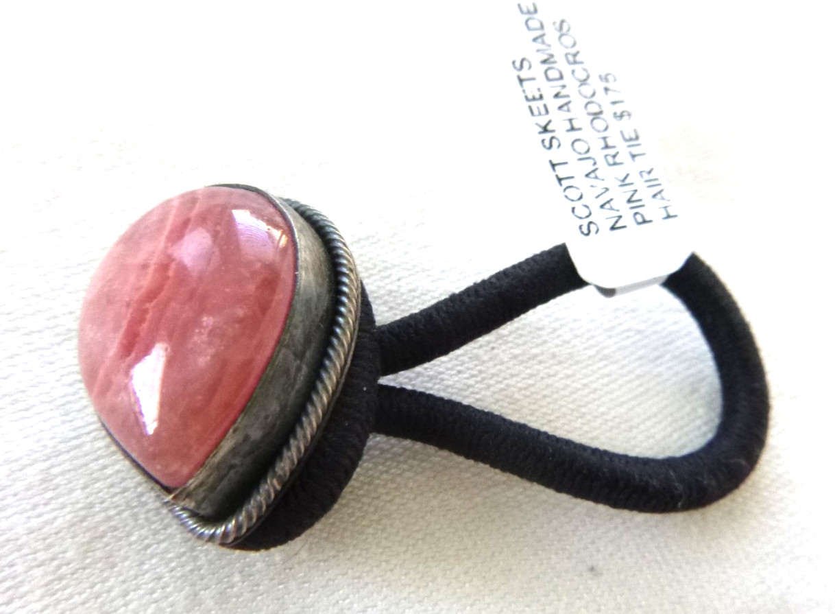 Navajo Scott Skeets Rhodochrosite Hair Tie Ponytail Wrap 925 Sterling Silver