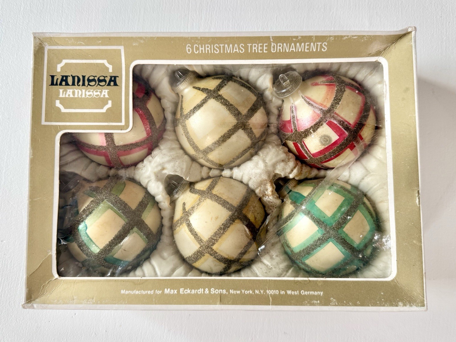 Vintage West Germany 3” Glass Christmas Ornaments Set of 6-Boxed-Colorful-Mica Vintage West Germany 3” Glass Christmas Ornaments Set of 6-Boxed-Colorful-Mica