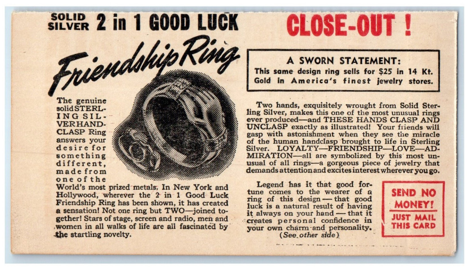 c1940's 2 in 1 Good Luck Friendship Ring Niresk Jewelers IL Postal Card c1940's 2 in 1 Good Luck Friendship Ring Niresk Jewelers IL Postal Card