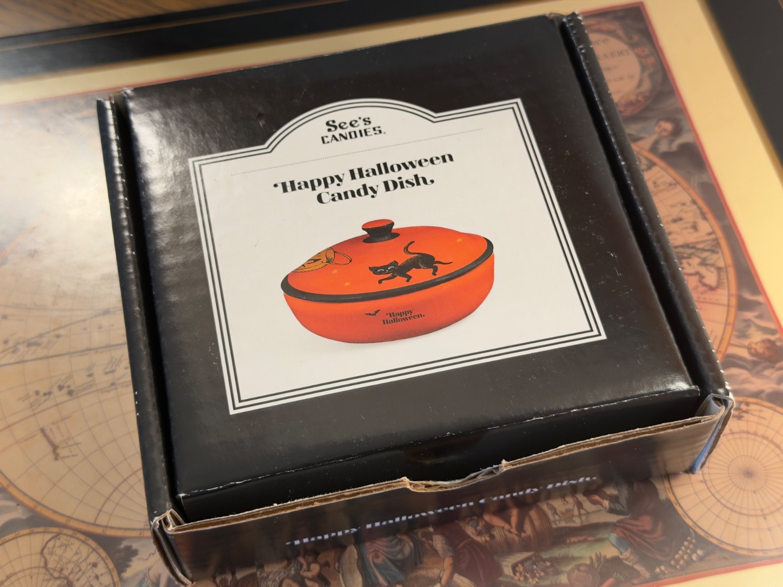 See\'s Candies Happy Halloween Orange Candy Dish w/Jack-O\'-Lantern Black Cat Bats