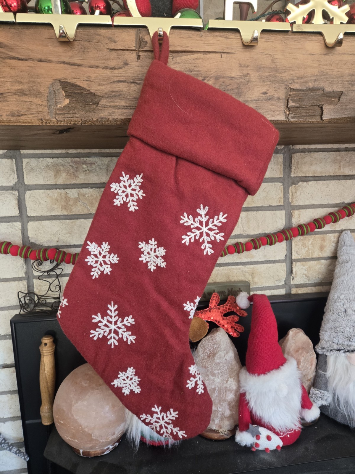 1 Pottery Barn Christmas Stocking Burgundy Snowflakes Red White Wool Blend