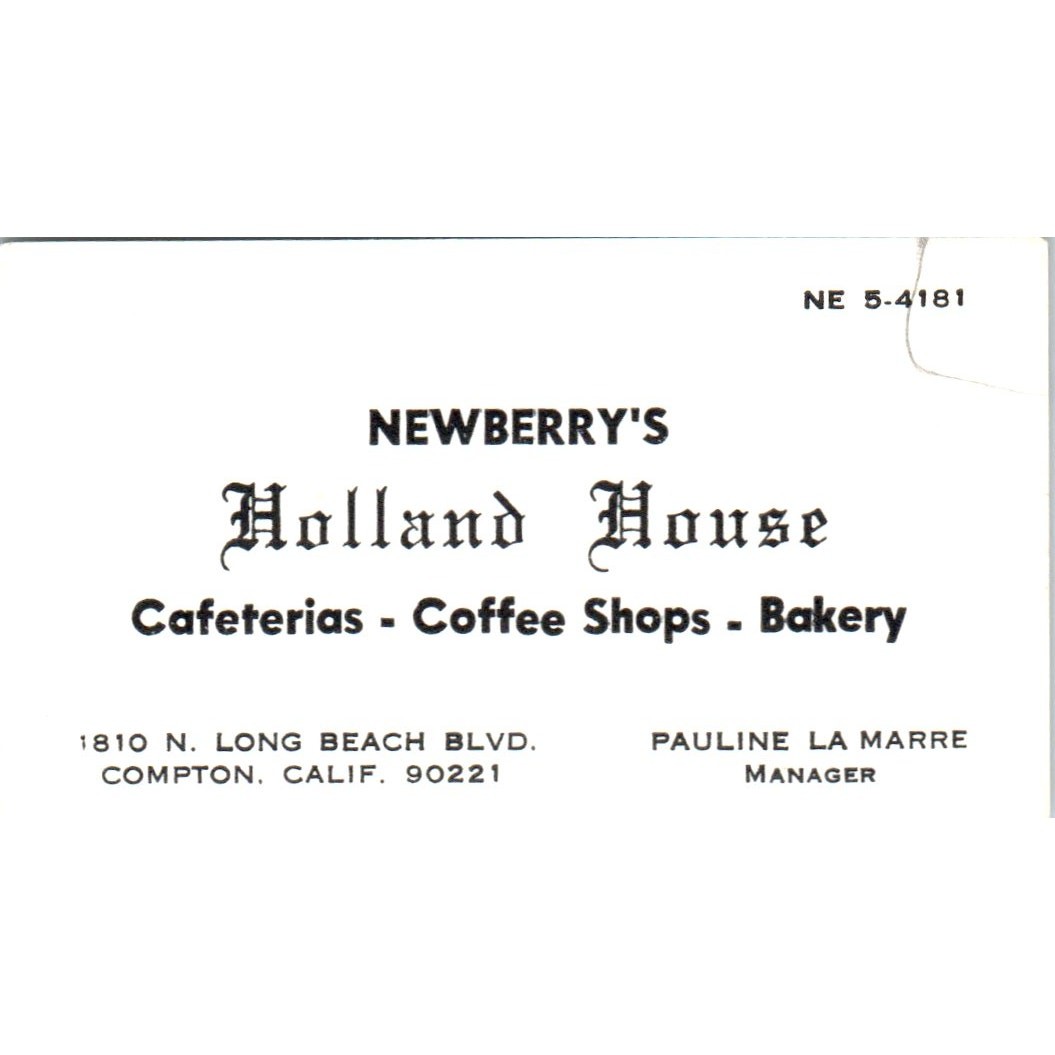 Newberry\'s Holland House Pauline La Marre Compton CA Vtg Business Card SD8-B7