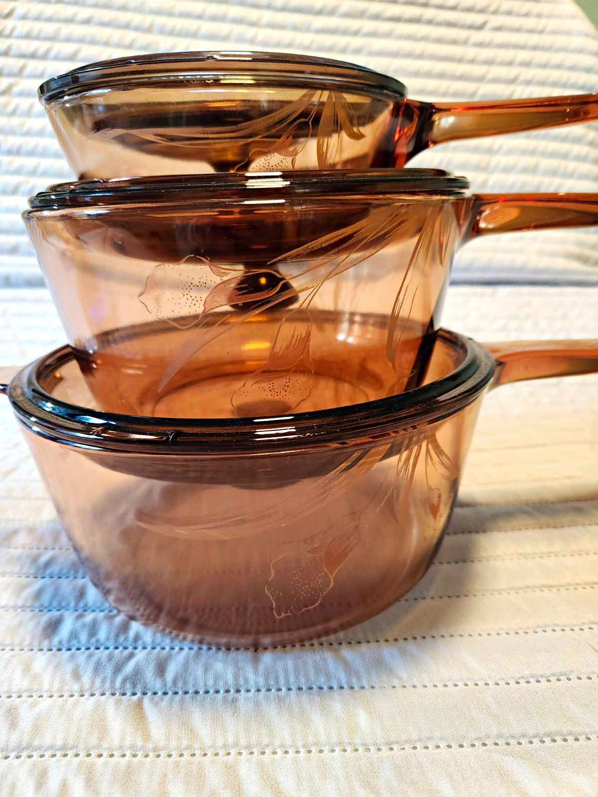 RARE VTG Corning Visions Calla Lily Amber Glass Cookware Set 3 Pots w/lids