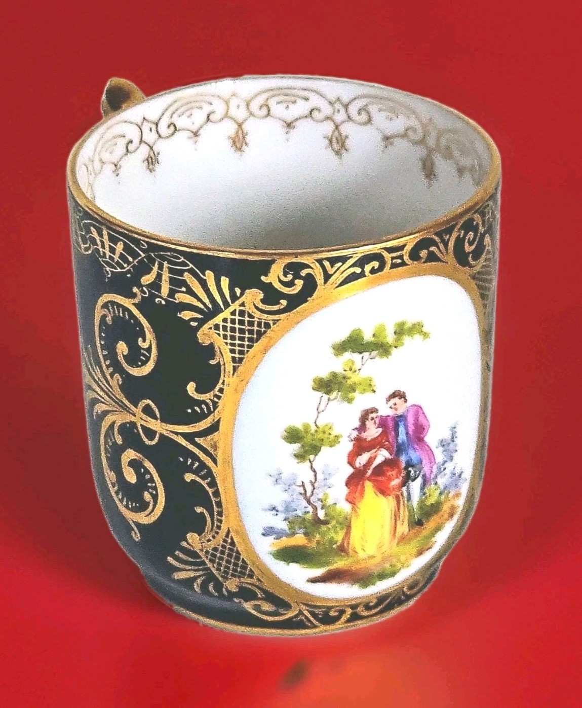 Antique Royal  Vienna Cobalt Blue & Gold Porcelain Cup Courting Couple Scenic