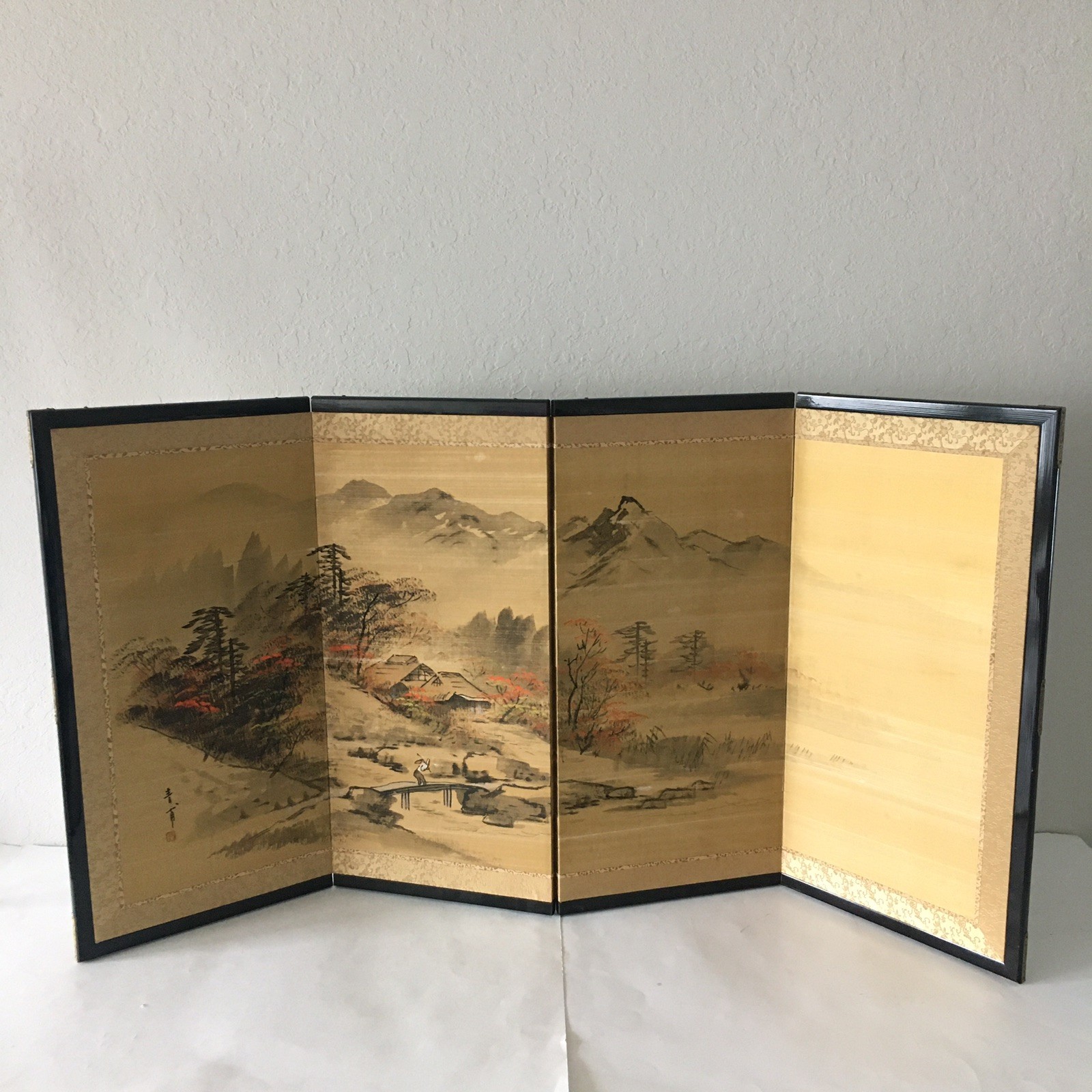 Vintage Japanese Waterfall Byobu Folding Screen Landscape 4 Panel 46” x 24 Vintage Japanese Waterfall Byobu Folding Screen Landscape 4 Panel 46” x 24