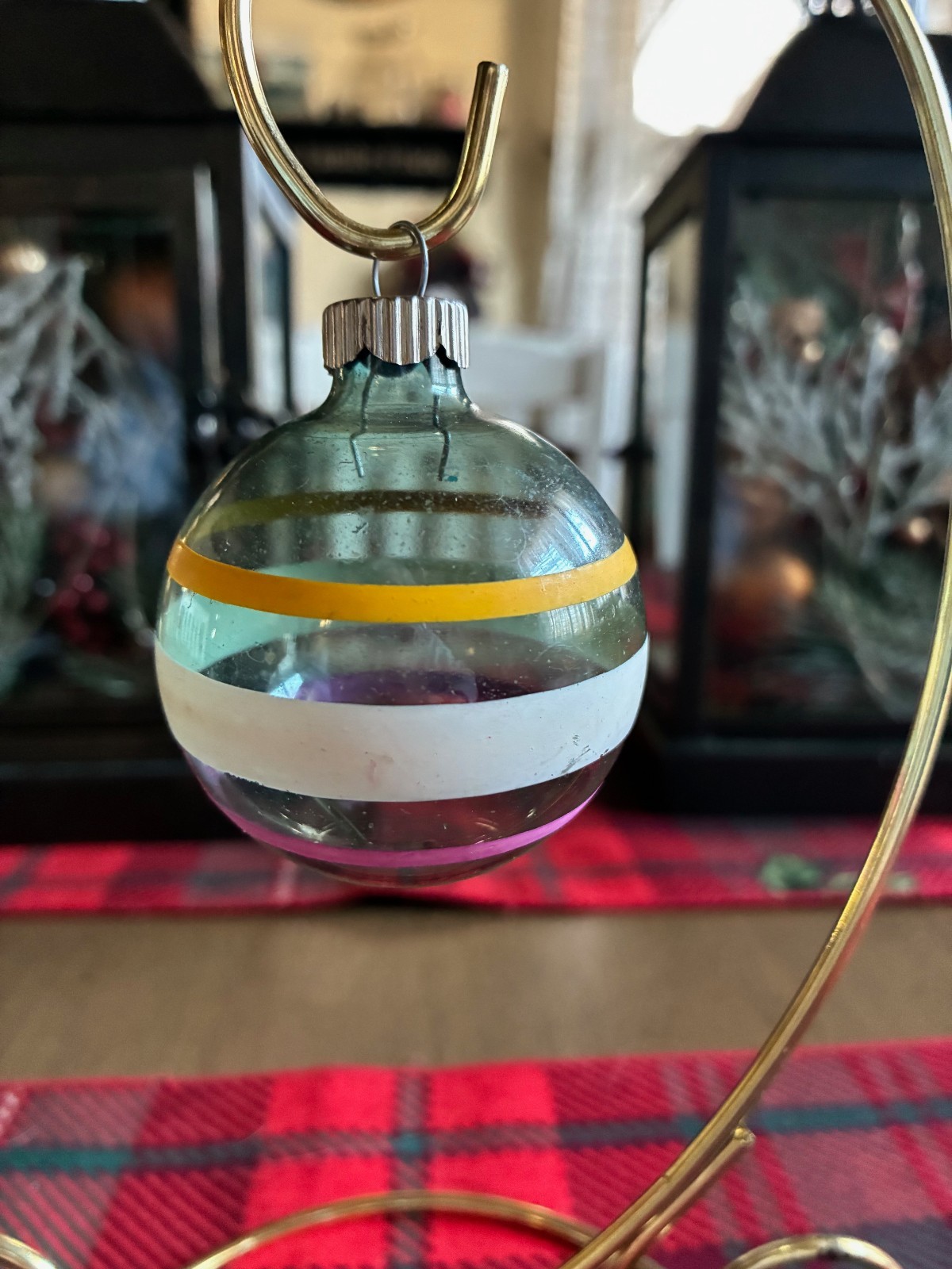 Vintage Shiny Brite Unsilvered Ornament Striped WW ll Era-PINK/YELLOW/WHITE Vintage Shiny Brite Unsilvered Ornament Striped WW ll Era-PINK/YELLOW/WHITE