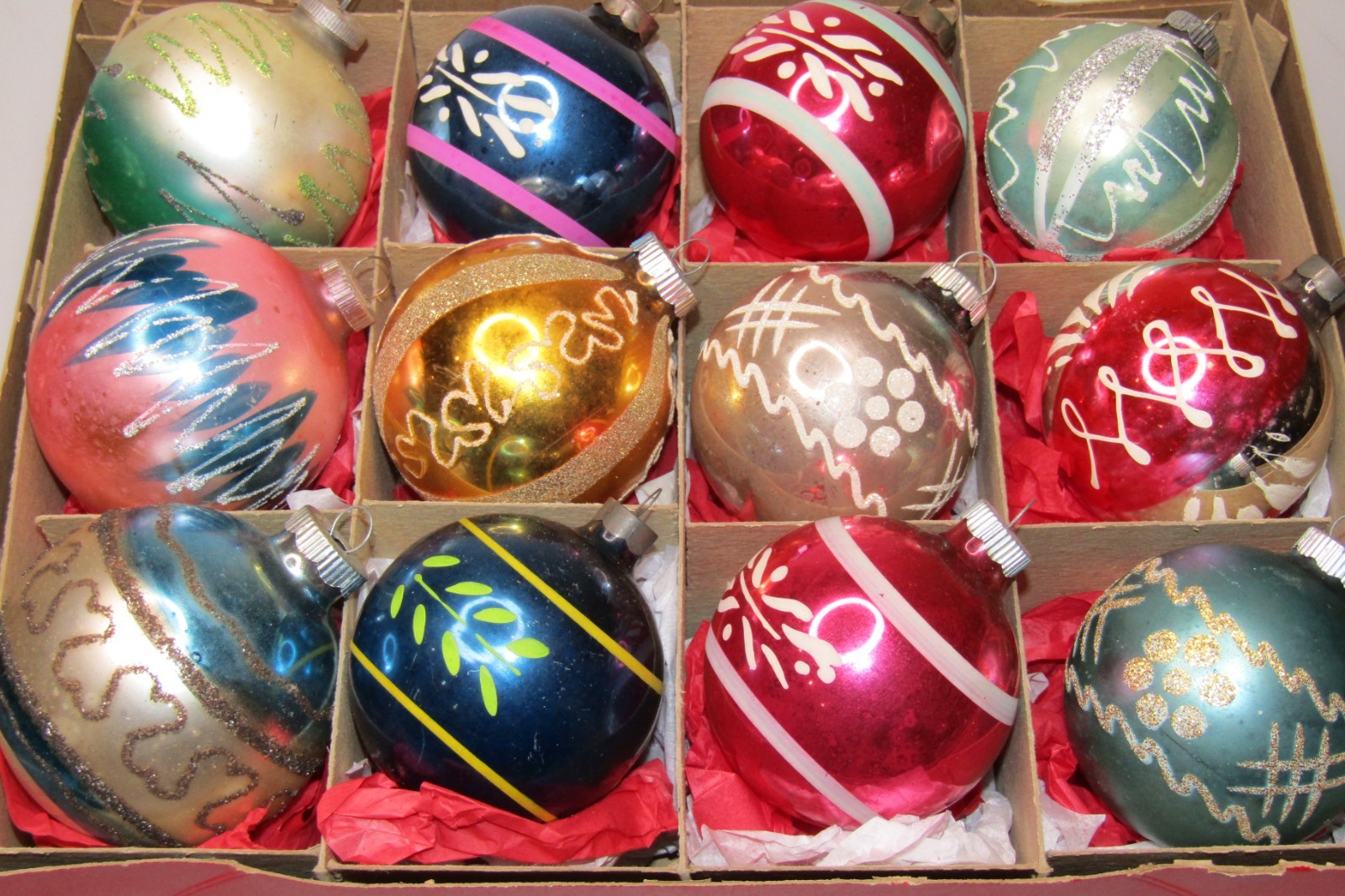 Lot VTG Glass Pictured FLOWER Stencil DOTS BALL Christmas Ornaments Corning