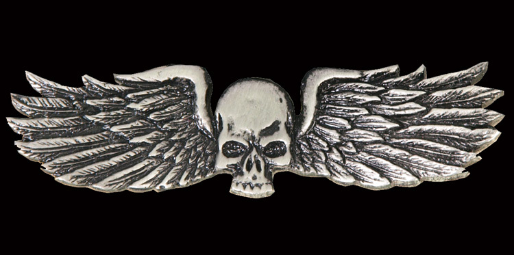 SKULL WINGS PEWTER SON OF OUT LAW NOMAD 2.25 inch BIKER  PIN
