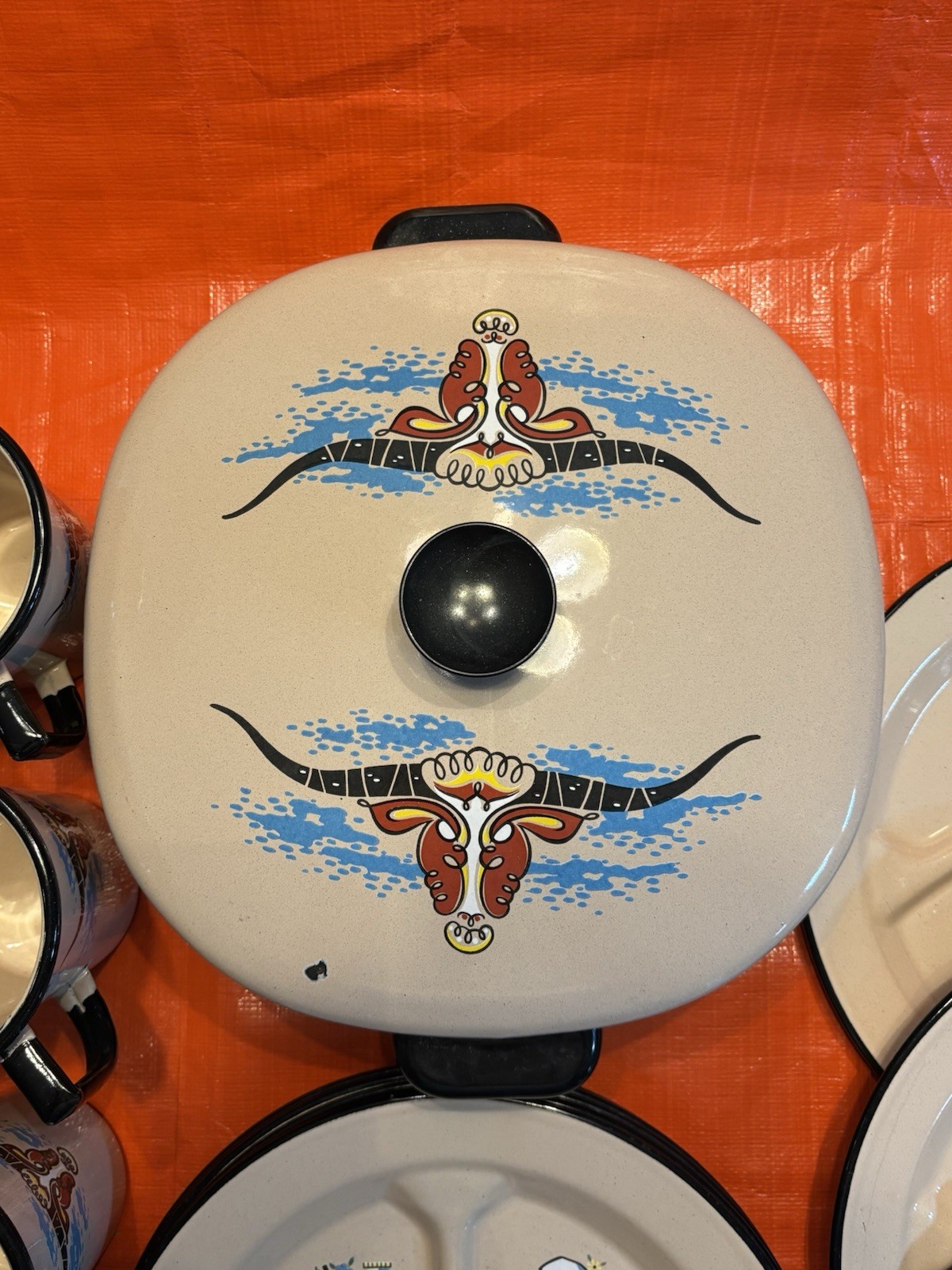 Vtg Monterrey Mexico Western Enamelware 24 Pc Set Longhorn Divided Plates Cups Vtg Monterrey Mexico Western Enamelware 24 Pc Set Longhorn Divided Plates Cups