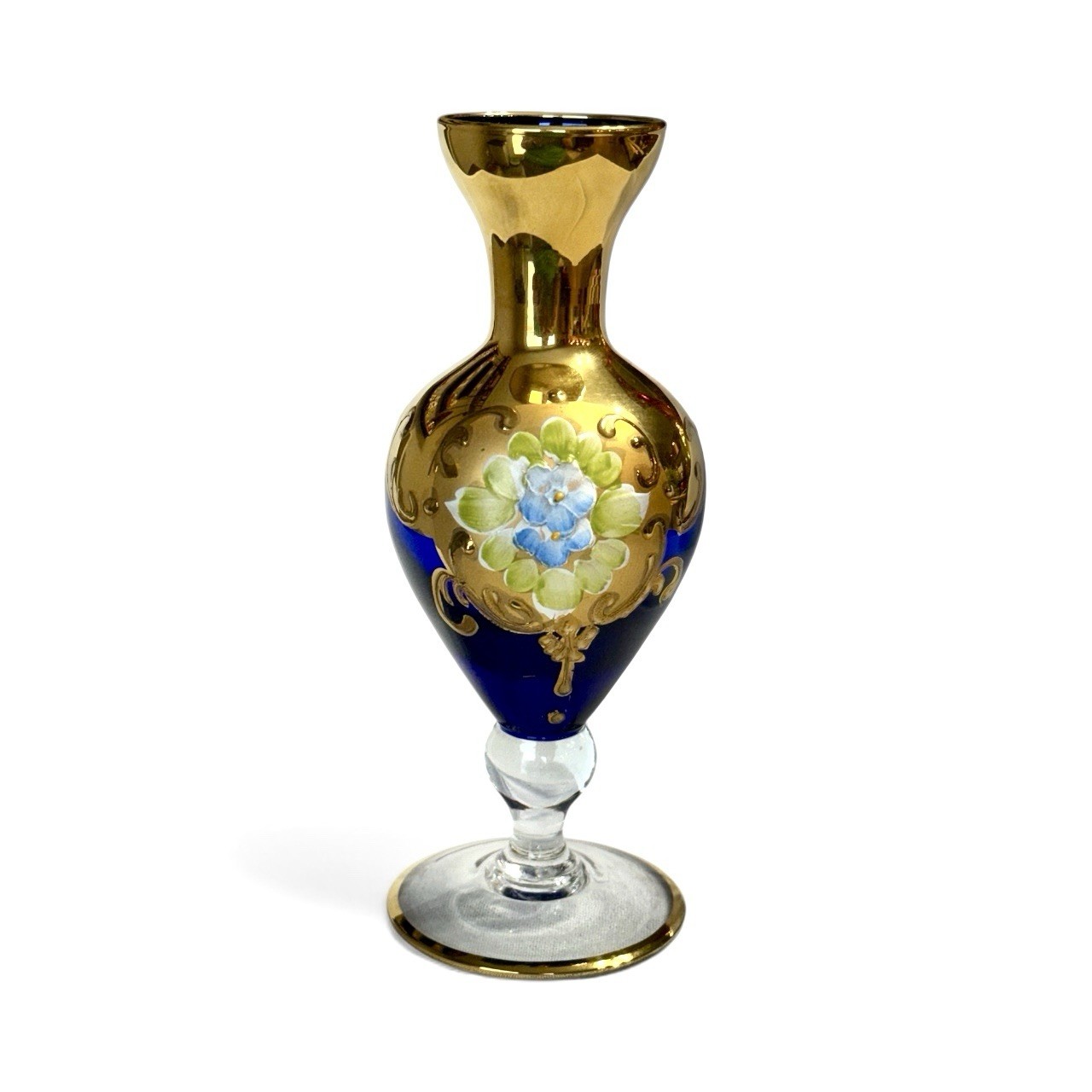 Vtg Murano Italy Cobalt Blue Art Glass Bud Vase 24k Gold Enamel Raised Floral