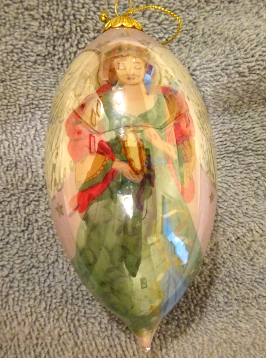 VINTAGE LI BIEN REVERSE PAINTED GLASS TEARDROP CHRISTMAS ORNAMENT - ANGEL (NIB)