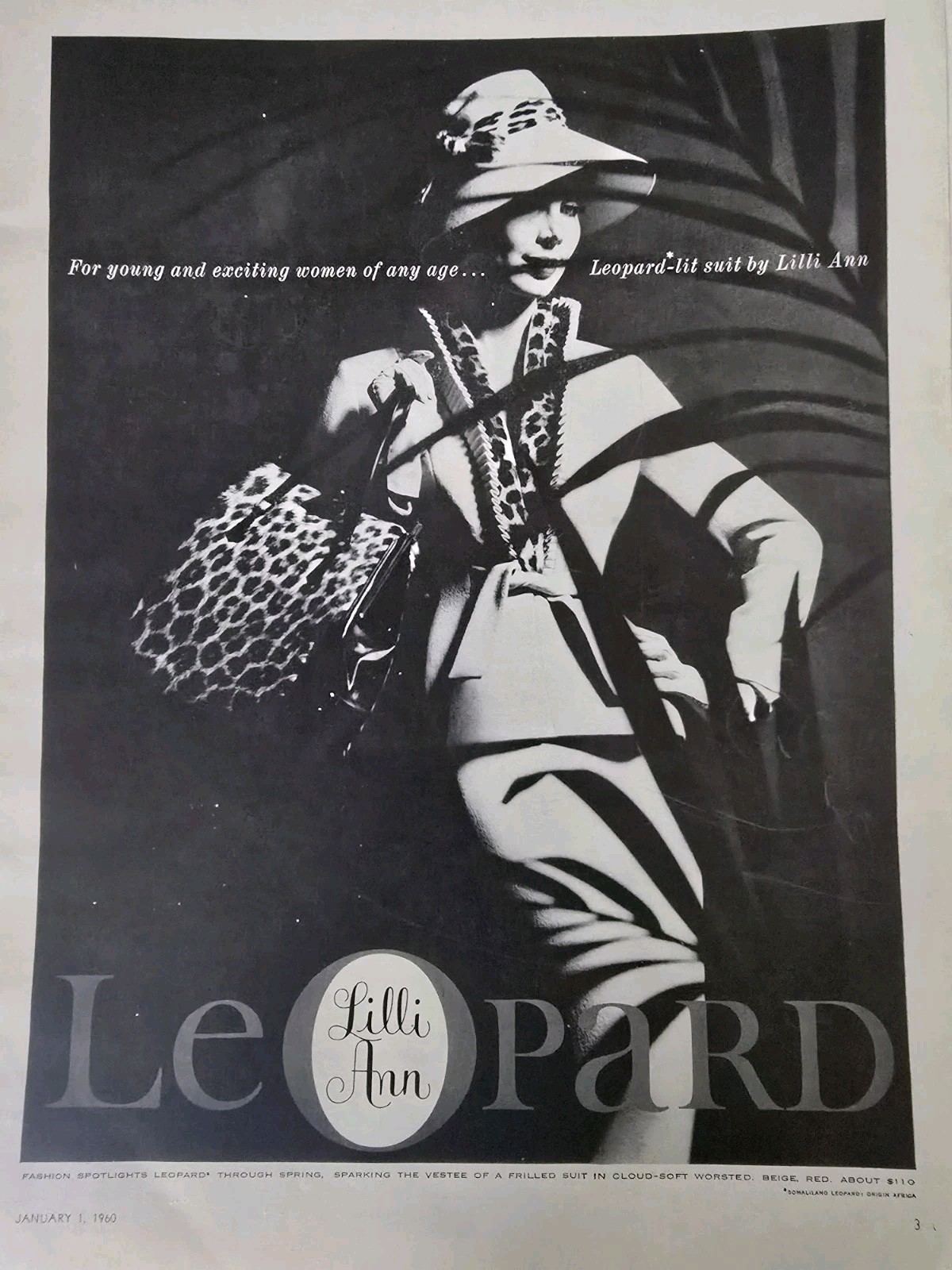 1960 women's Lilli Ann Leopard Suit For Young Exciting Women Vintage fashion Ad