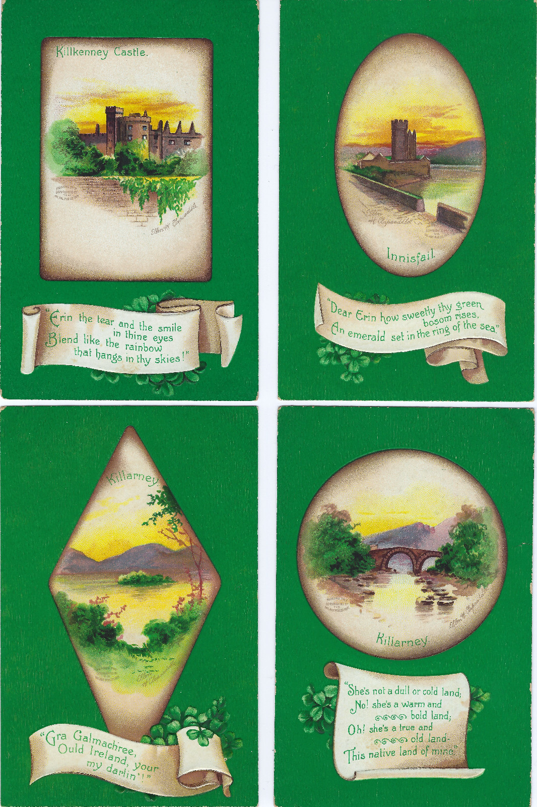 Clapsaddle Set-4 Irish Castles Landscapes St Patricks Day A/S Emb PCs Vtg 1911
