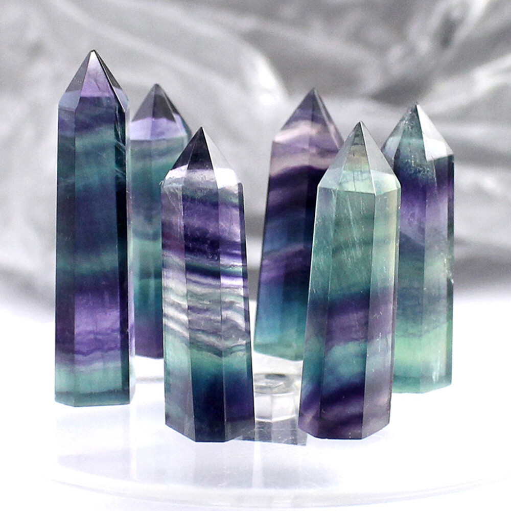 5X Natural Rock Fluorite Quartz Crystal Stone Point Healing Wand Obelisk BS40
