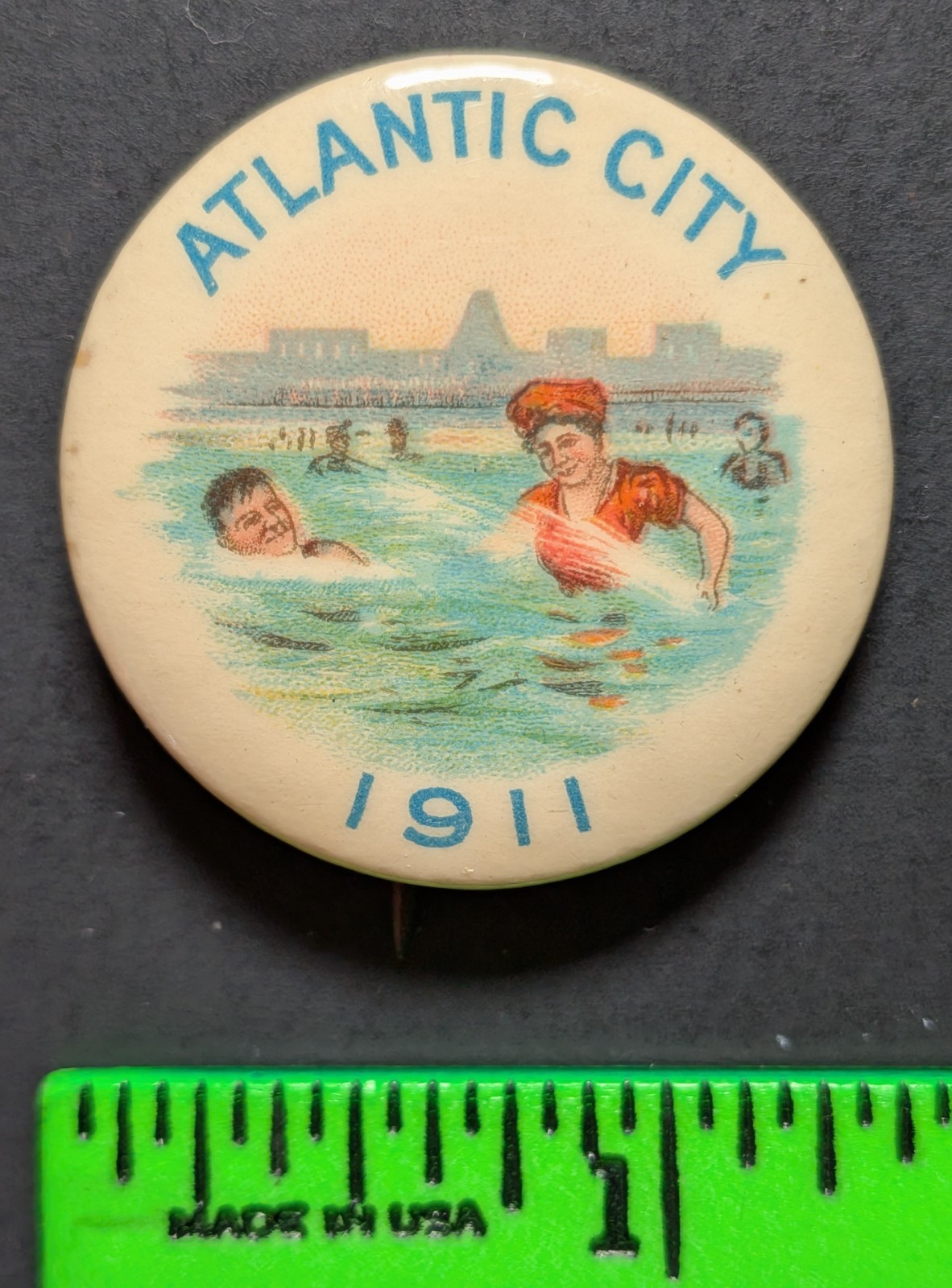 Vintage 1911 Atlantic City New Jersey Husband Wife Beach Pinback Pin Vintage 1911 Atlantic City New Jersey Husband Wife Beach Pinback Pin